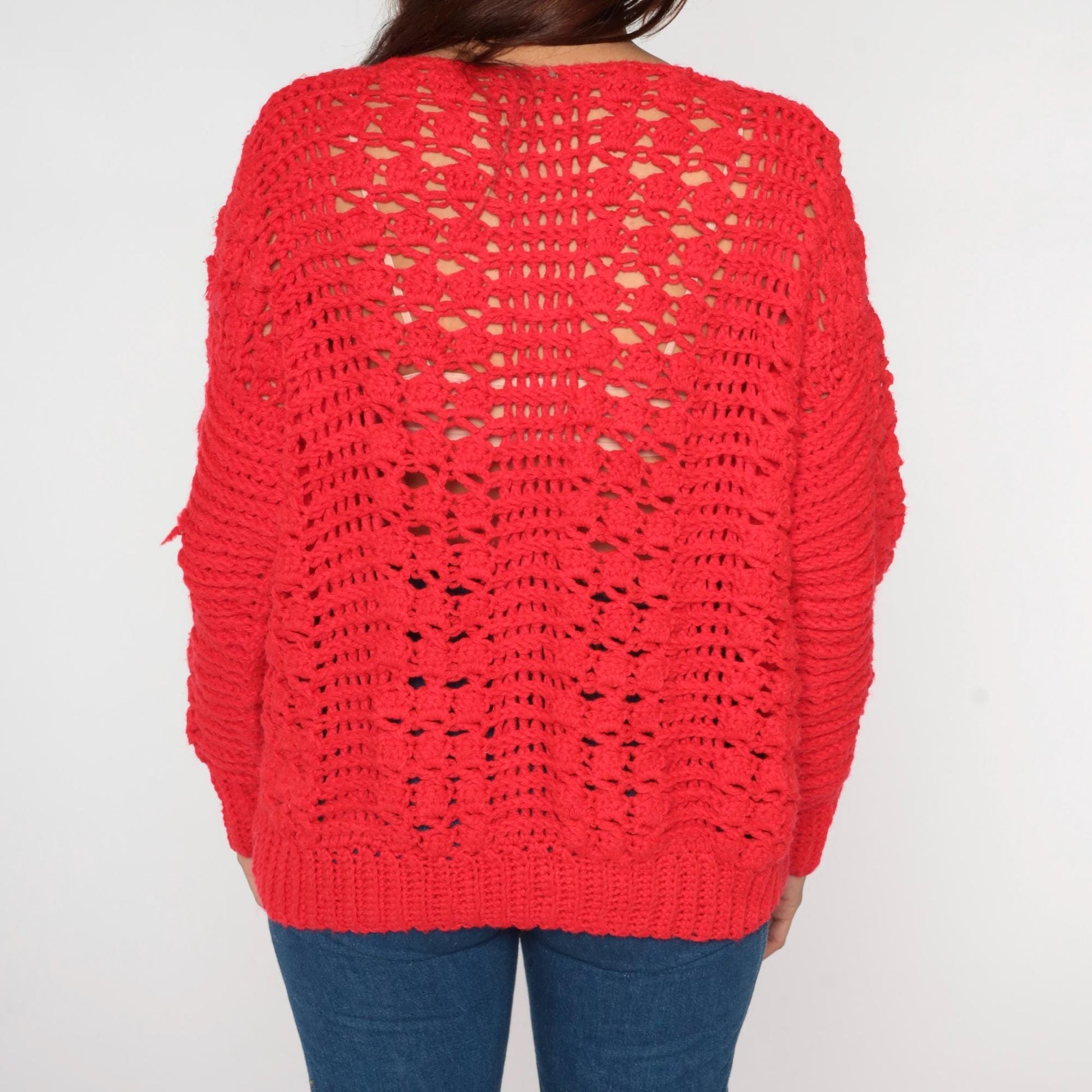 80s Red Crochet Open Weave Sweater Scoop Neck Long Sleeve Large L