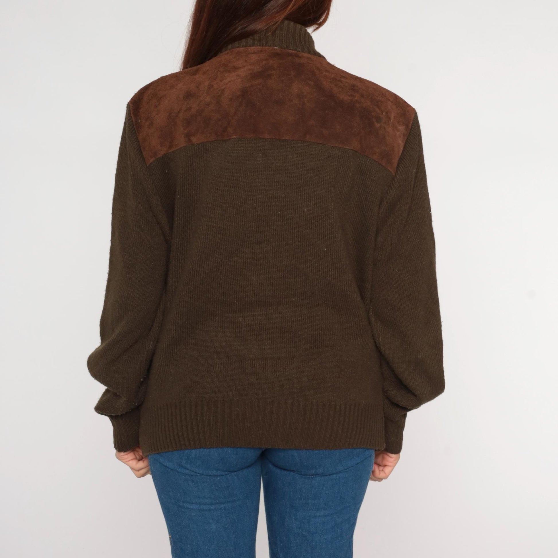 80s Brown Suede Bomber Jacket Knit Sleeves Zip Front Unisex Extra Large XL