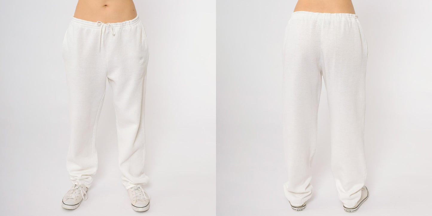 80s Nike White Sweatpants Embroidered Swoosh Drawstring Medium