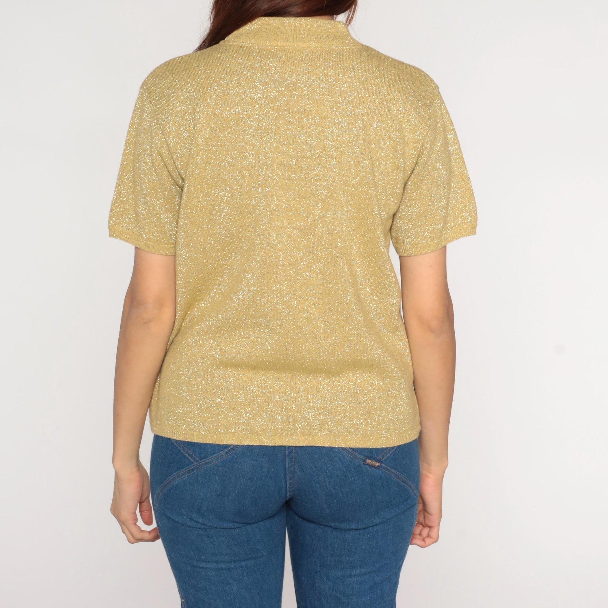 90s Gold Sparkly Knit Short Sleeve Blouse Medium