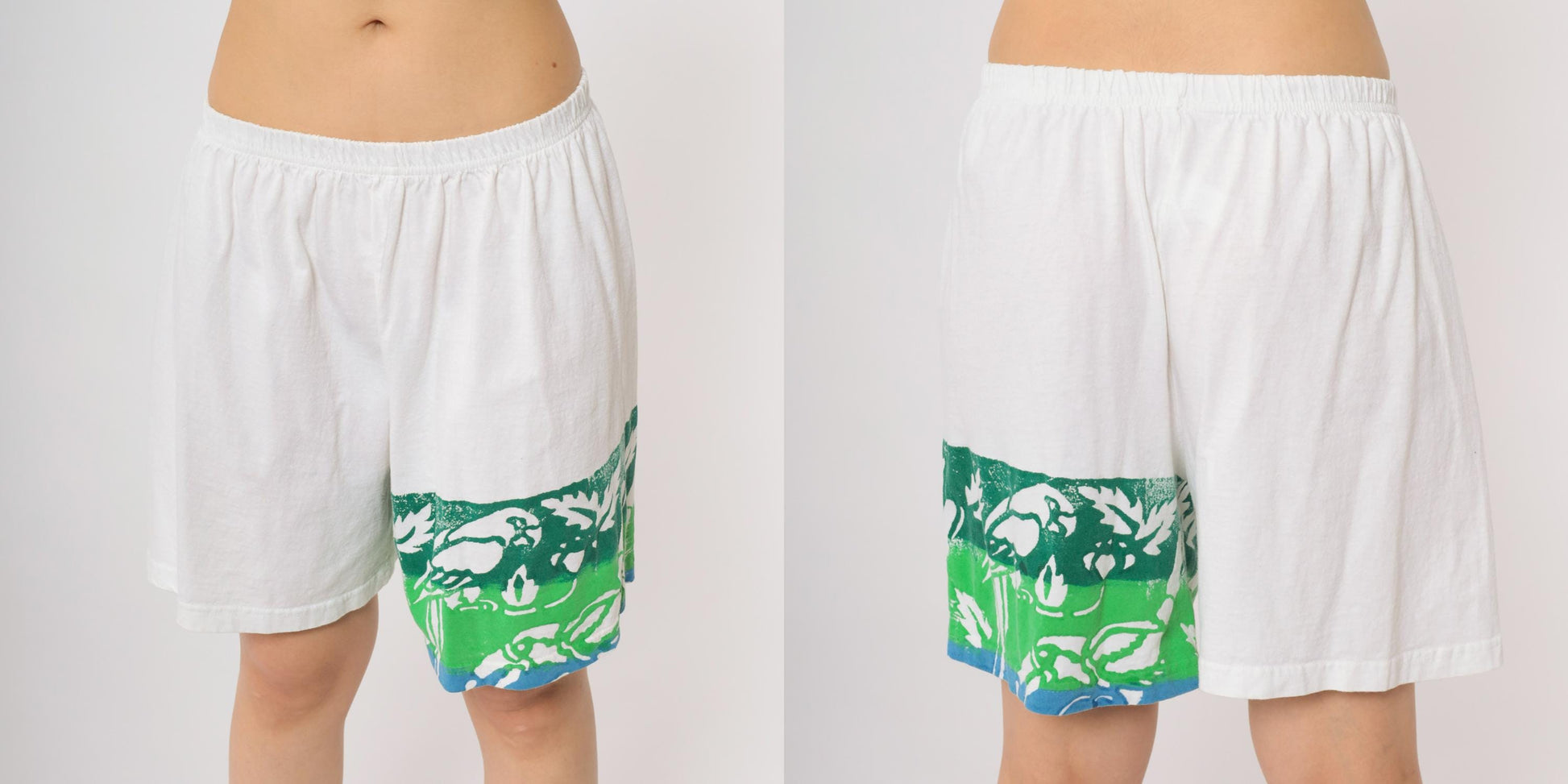 80s White Athletic Shorts Green Leaf Print Running Gym Medium