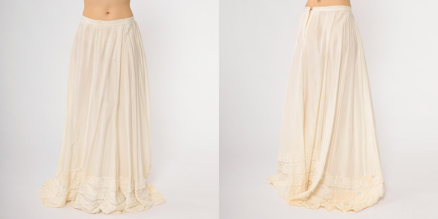 1950s Cream Lace Tiered Maxi Skirt High Waist Victorian Ruffled Small
