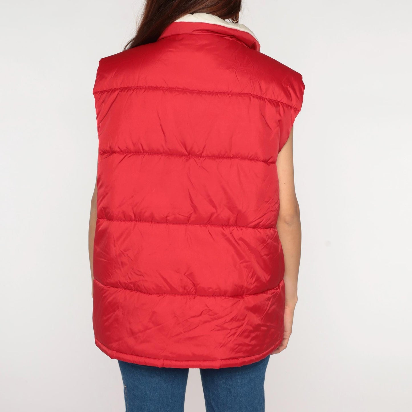 Y2K Red Puffer Vest Reversible Cream Zip Front Sleeveless Large L