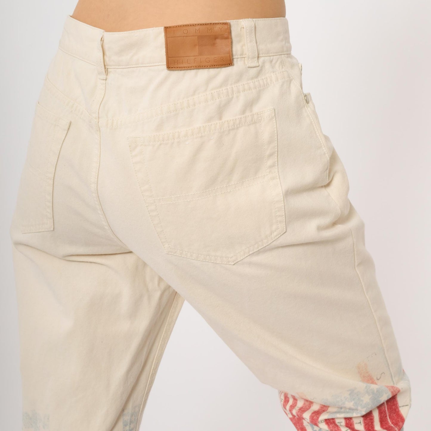 Y2K Tommy Hilfiger Flag Print Denim Jeans Off-White Distressed Wide Leg Size 10