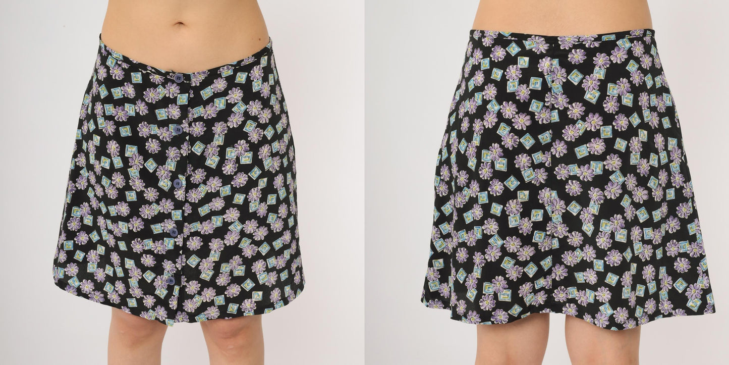 90s My Michelle Floral Mini Skirt Black Purple Daisy Button Front Size 11