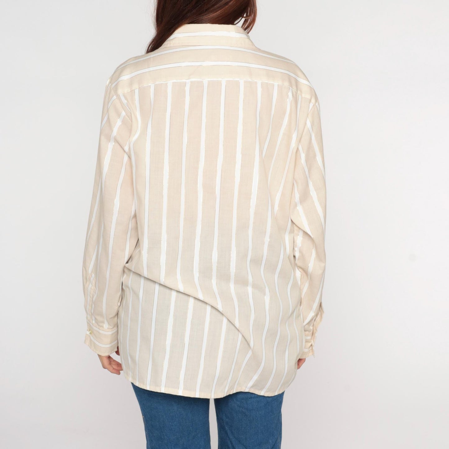 70s Beige Striped Button-Front Shirt Long Sleeve Chest Pocket Extra Large