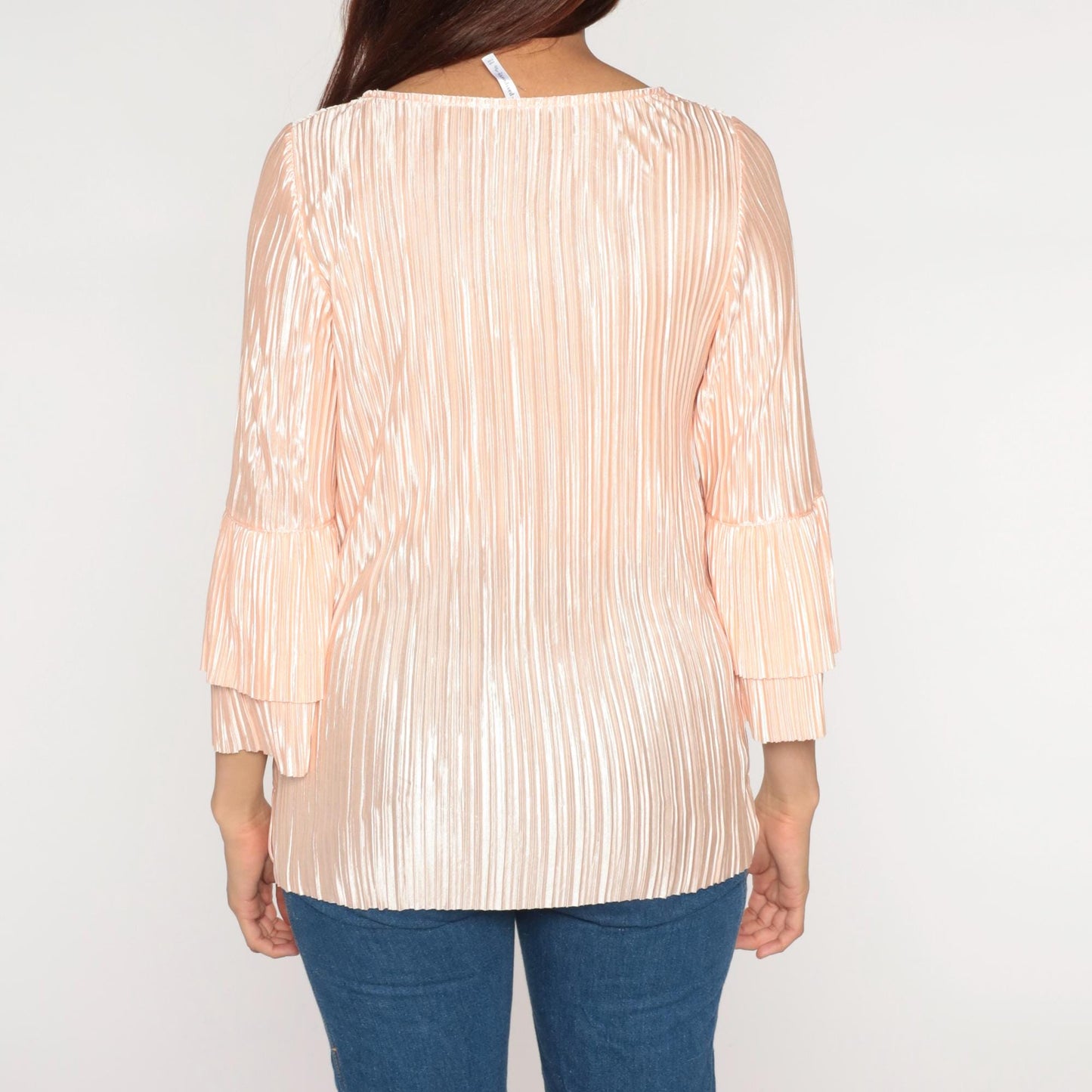 80s Pink Metallic Pleated Blouse Long Sleeve Ruffle Bell Cuffs Medium