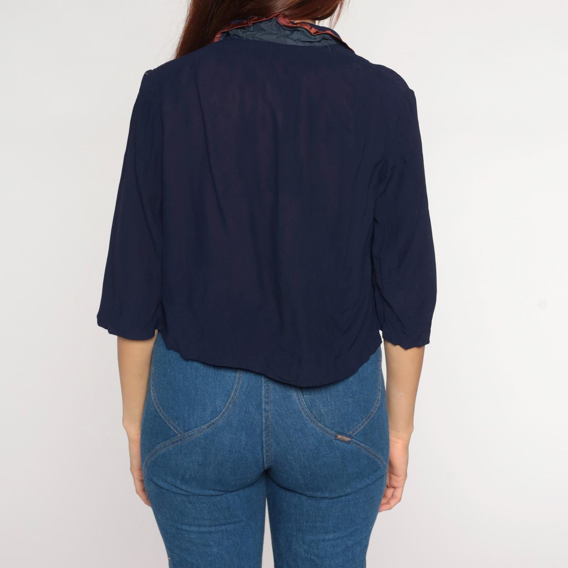 60s Puritan Forever Young Navy Blouse Rust Satin Collar Cropped Medium Large