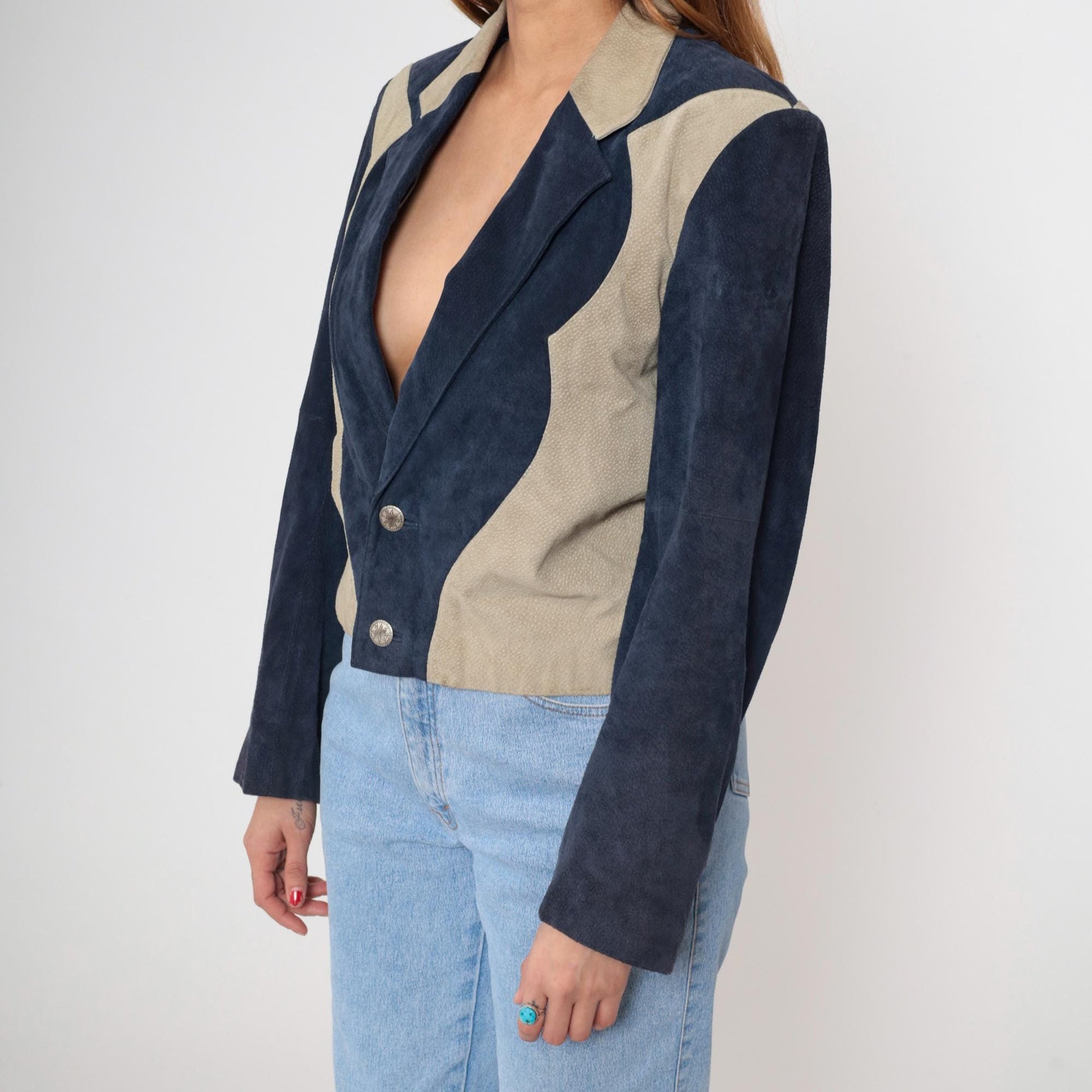 90s Scully Western Blazer Navy Beige Genuine Leather Jacket Medium M