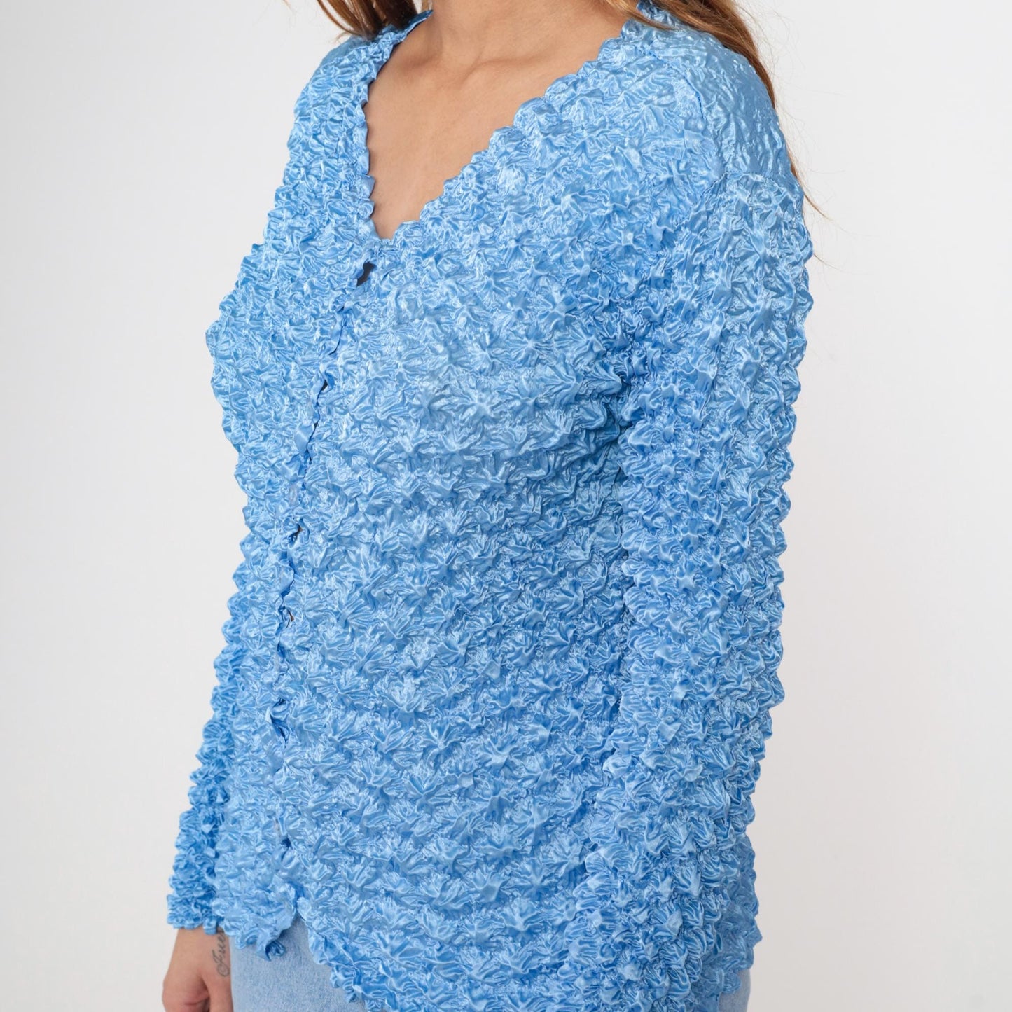 Y2K Light Blue Popcorn Cardigan Bubble Knit Button-Up Small