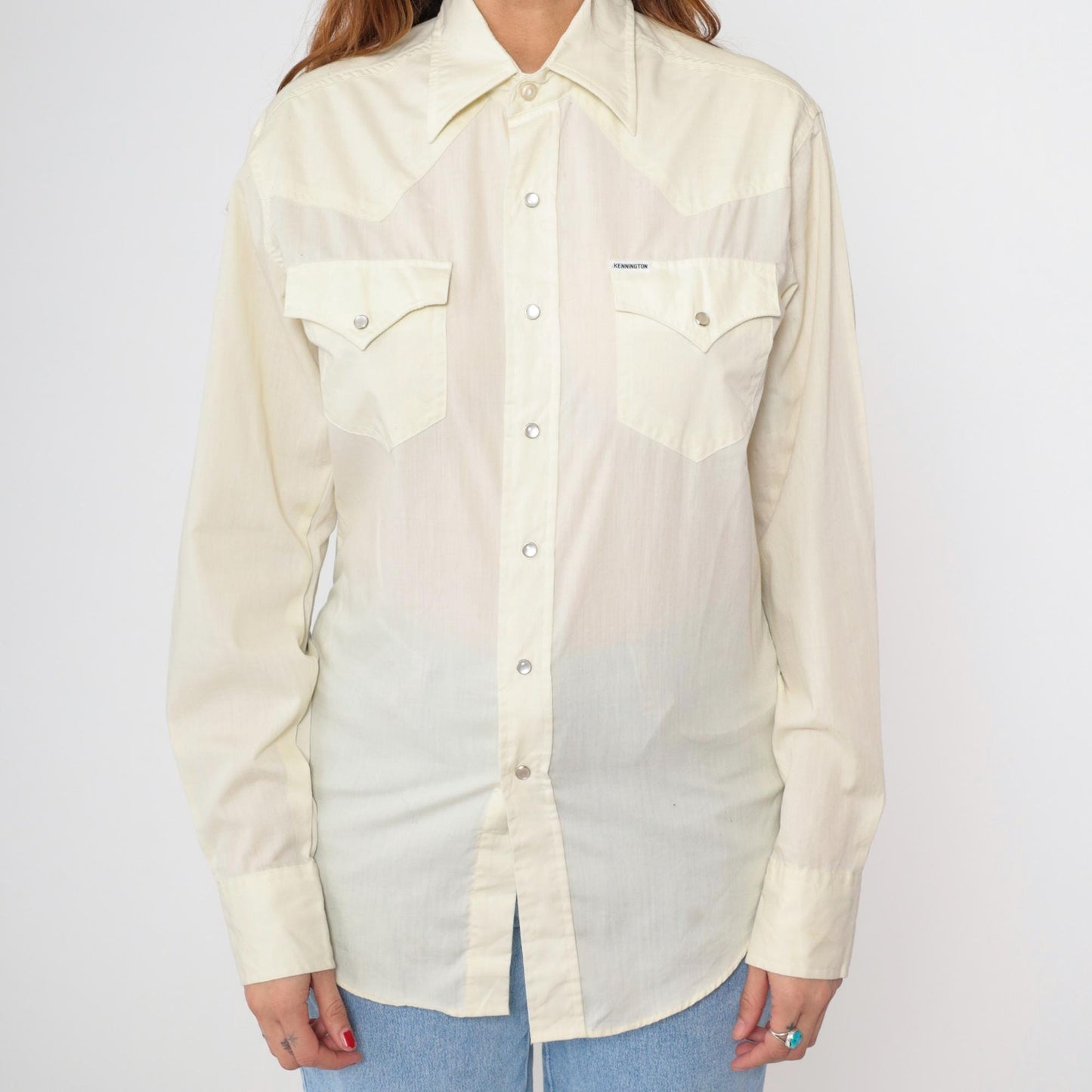 70s Kennington Western Pearl Snap Shirt Pale Yellow Long Sleeve Medium