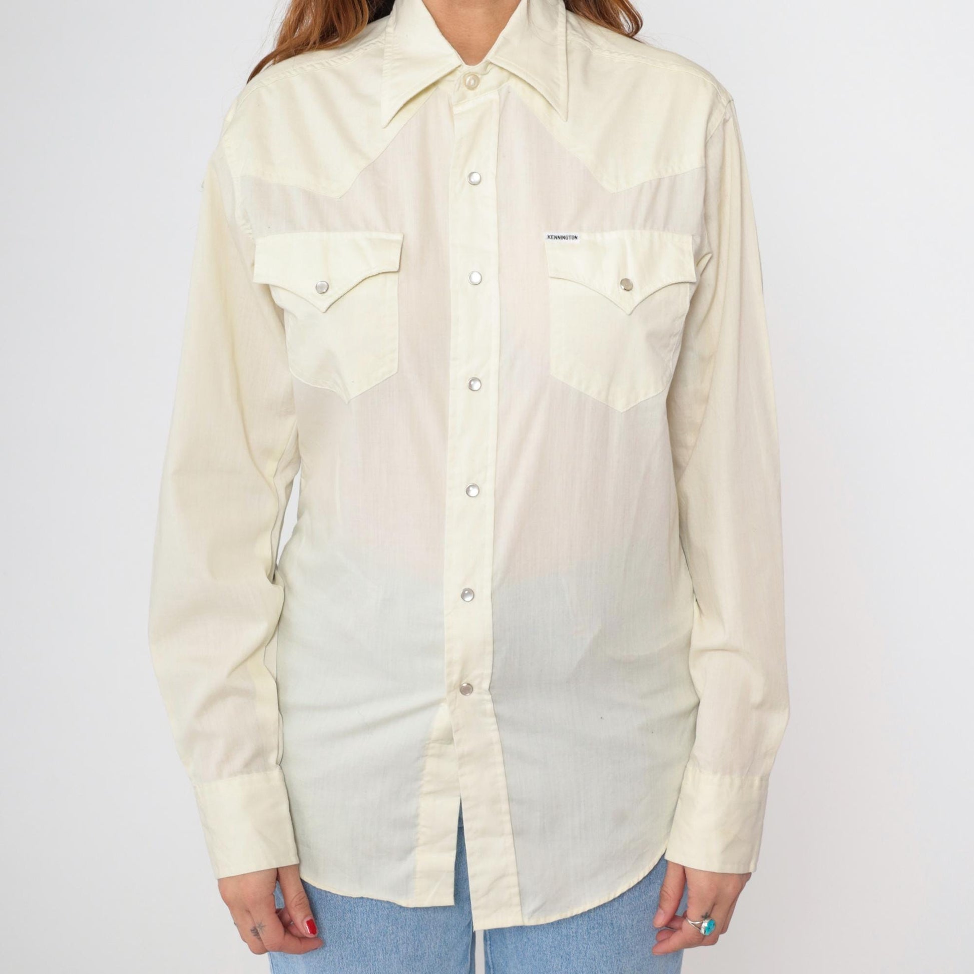 70s Kennington Western Pearl Snap Shirt Pale Yellow Long Sleeve Medium