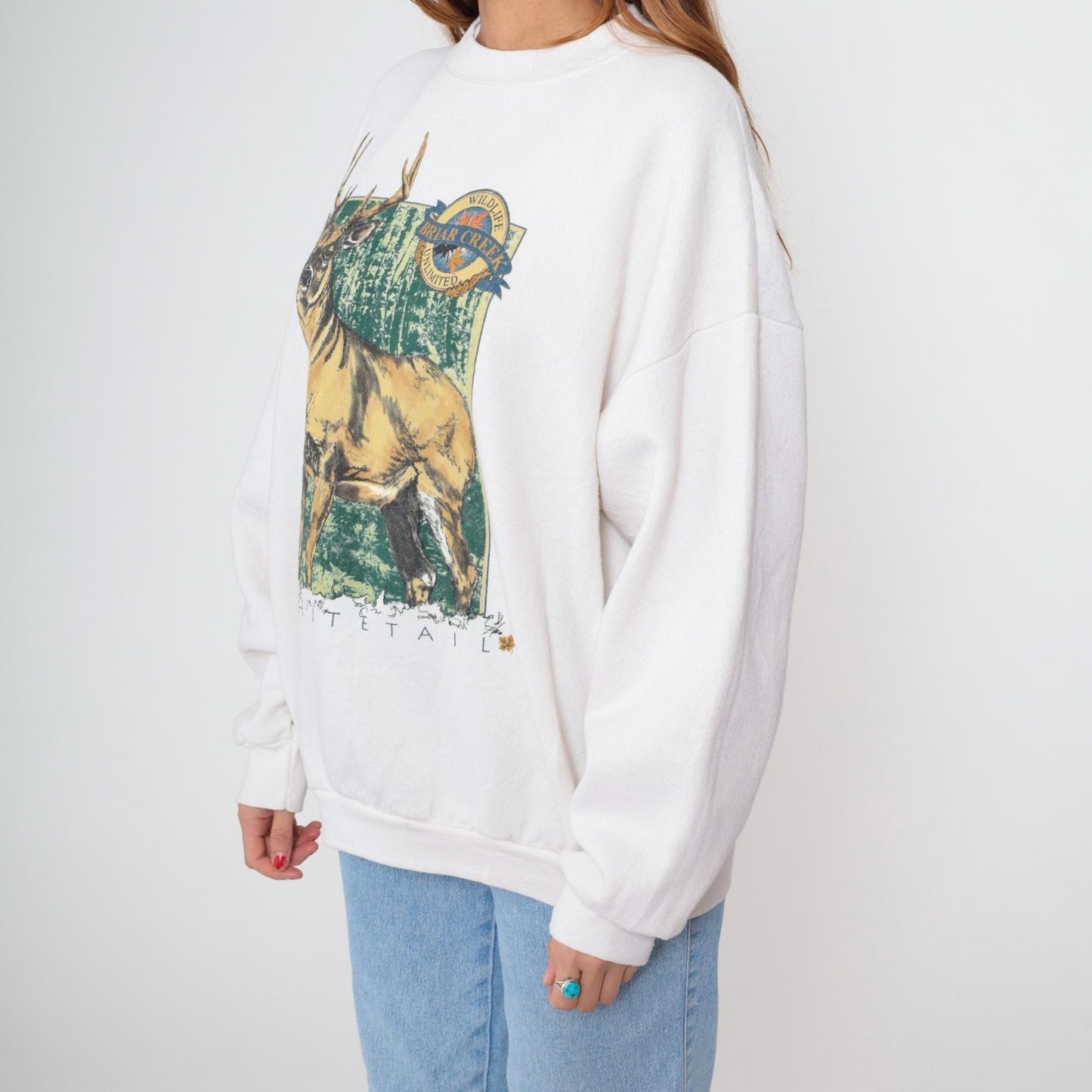 90s White Tail Deer Graphic Sweatshirt Off White Crewneck Pullover Extra Large