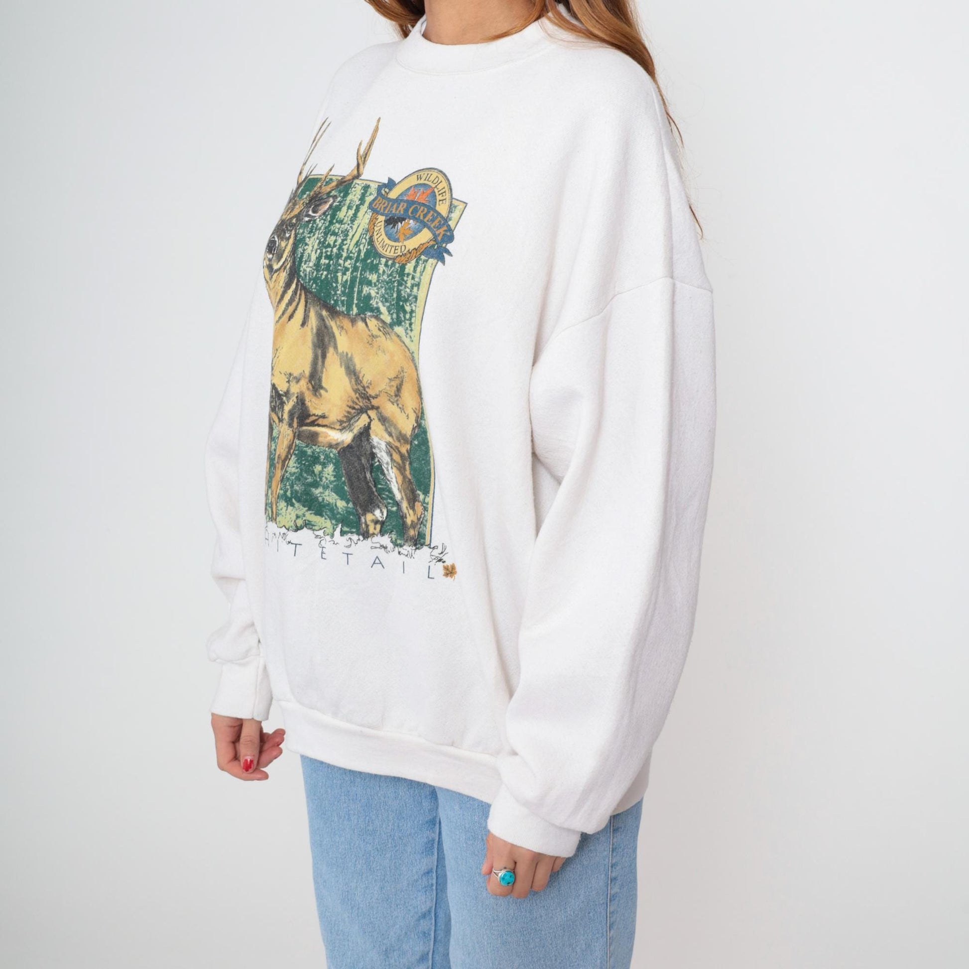 90s White Tail Deer Graphic Sweatshirt Off White Crewneck Pullover Extra Large