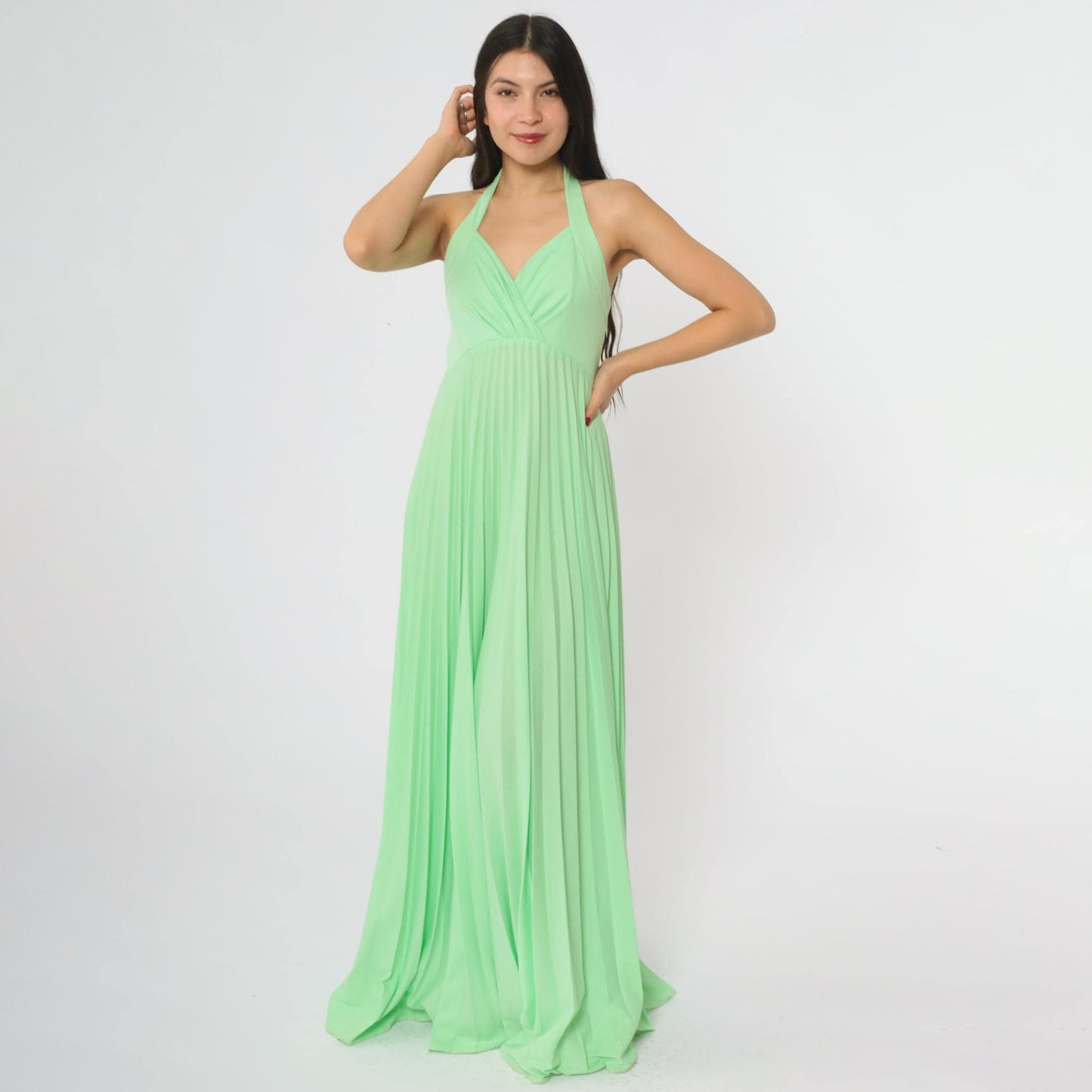 70s Lime Green Halter Maxi Dress Pleated V-Neck Floor-Length Small
