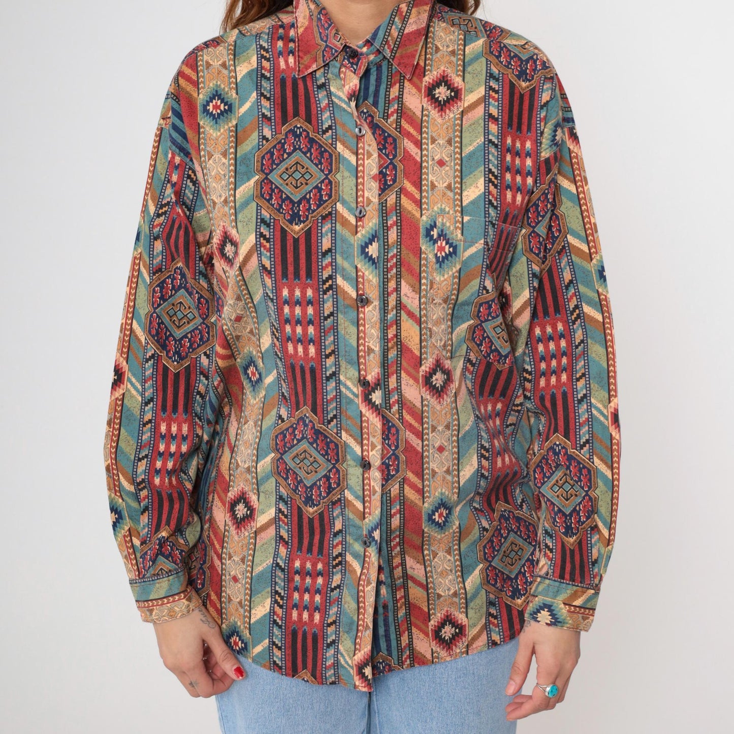 90s Margo's Southwestern Tribal Print Button-Up Shirt Cotton Large L