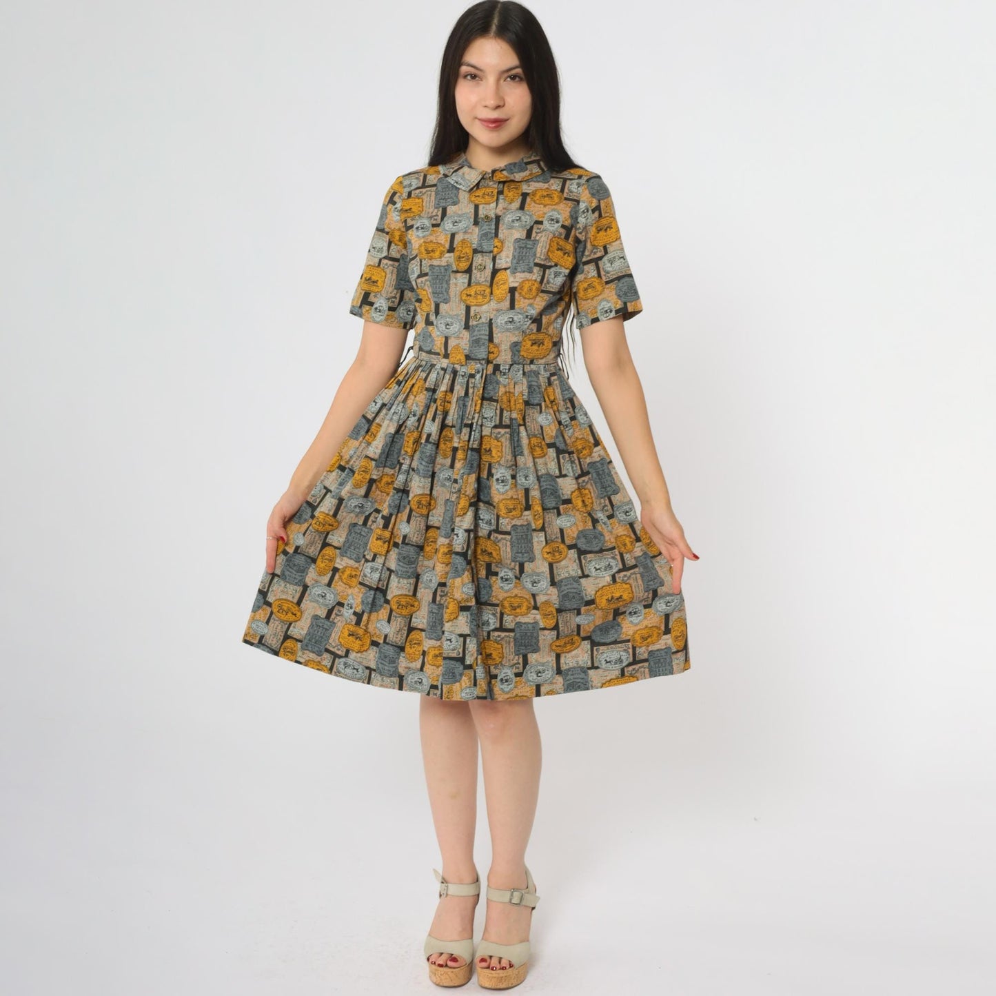 60s Novelty Advertisement Print Dress Yellow Grey Collar Button Front Knee Length Extra Small XS