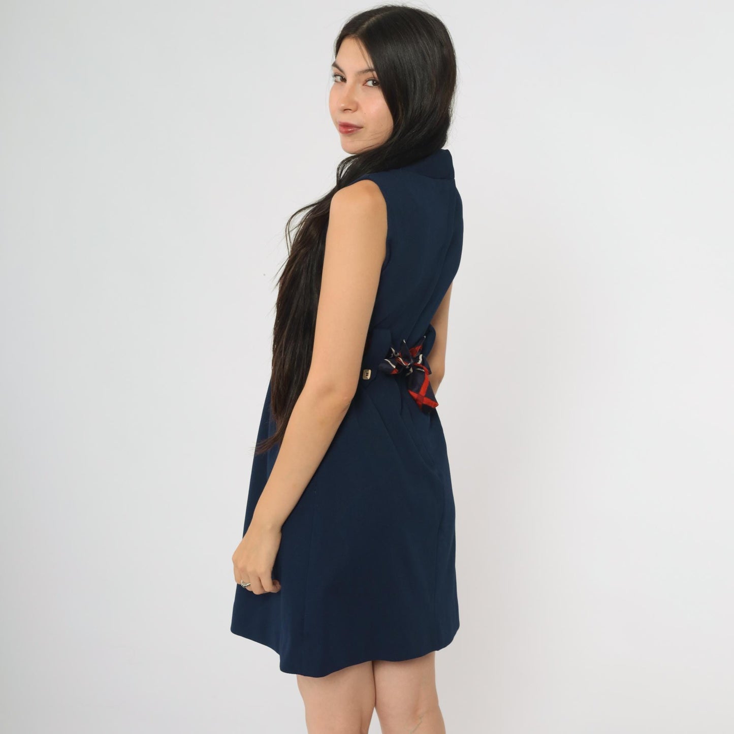 60s Navy Mock Neck Mini Dress Geometric Belt A-Line Sleeveless Extra Small