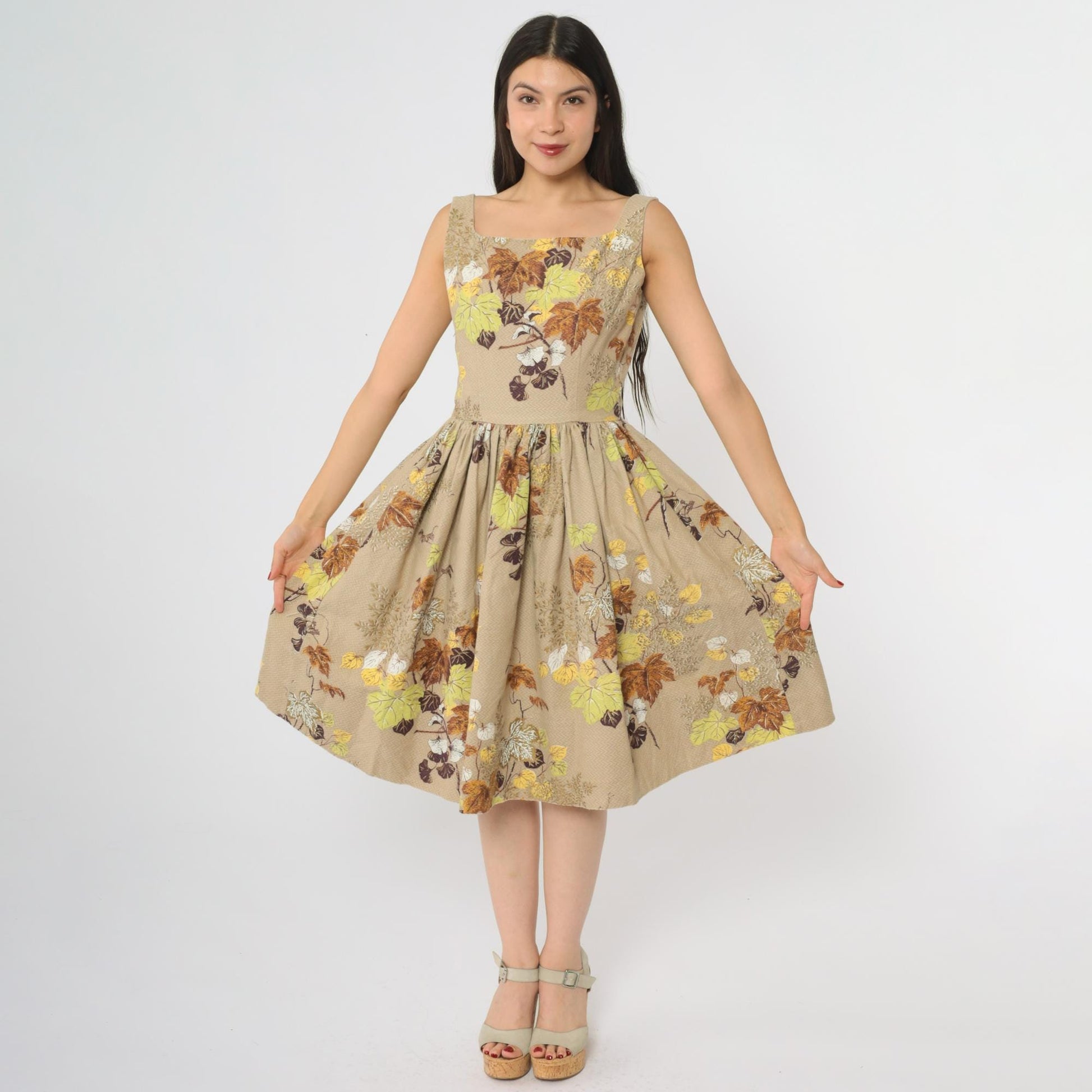 60s Leaf Print Dress Tan Brown Square Neck A-Line Cotton Small