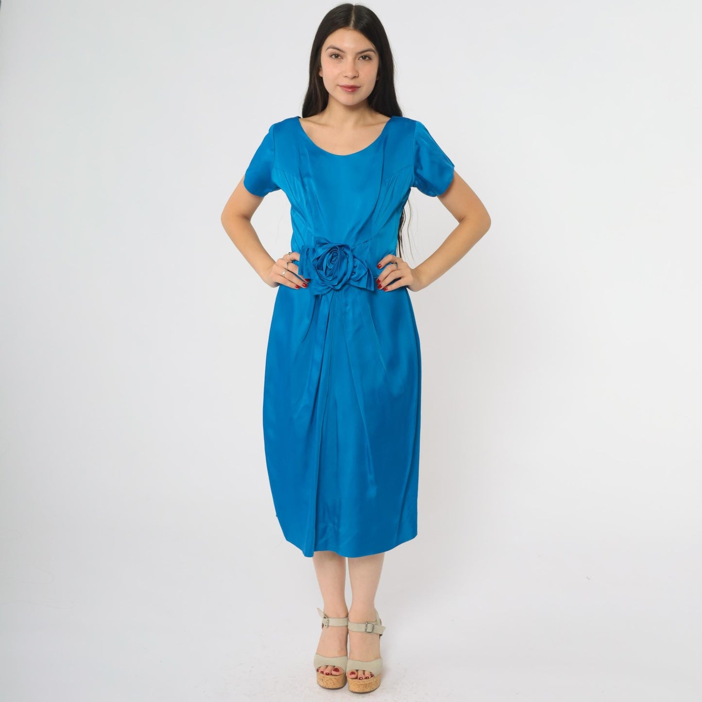 60s Royal Blue Cocktail Dress Rose Belt A-Line Scoop Neck Large L