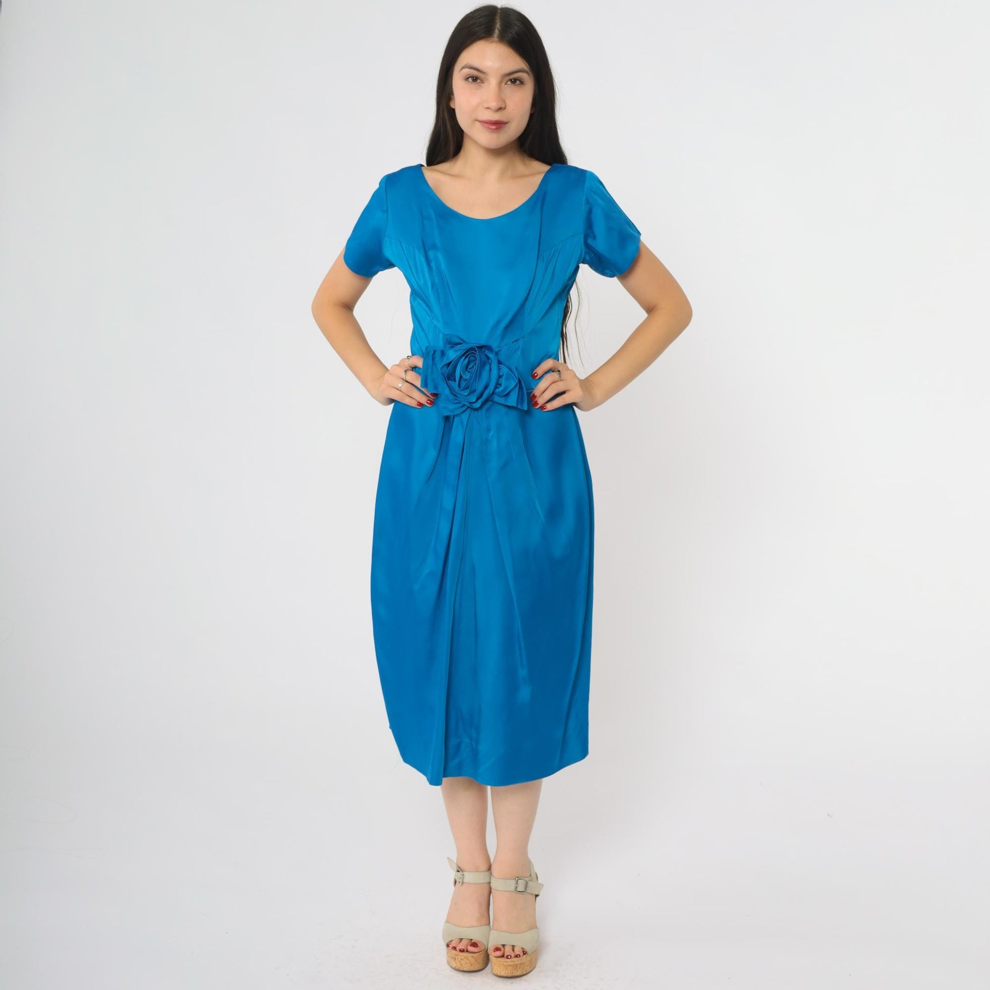 60s Royal Blue Cocktail Dress Rose Belt A-Line Scoop Neck Large L