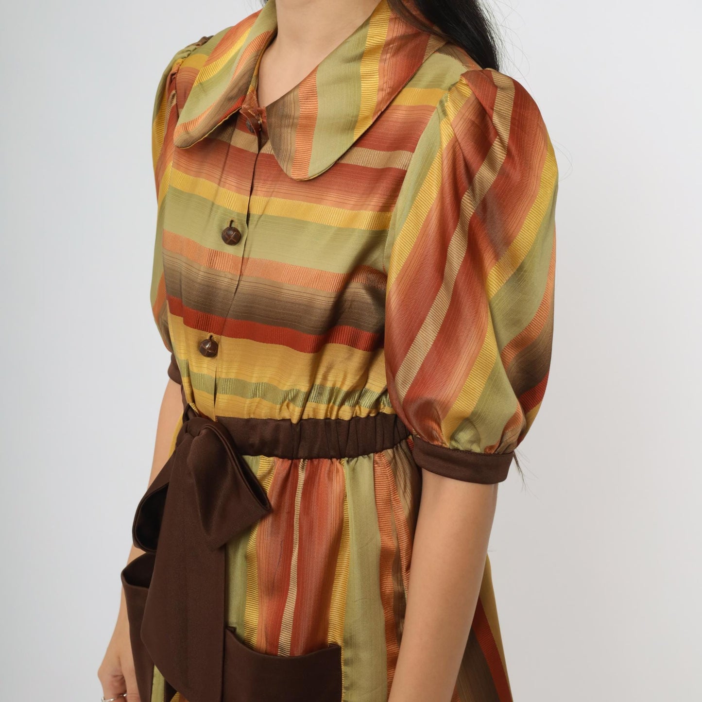 70s Rainbow Striped Mini Dress Brown Orange Yellow Puff Sleeve Peter Pan Collar Small