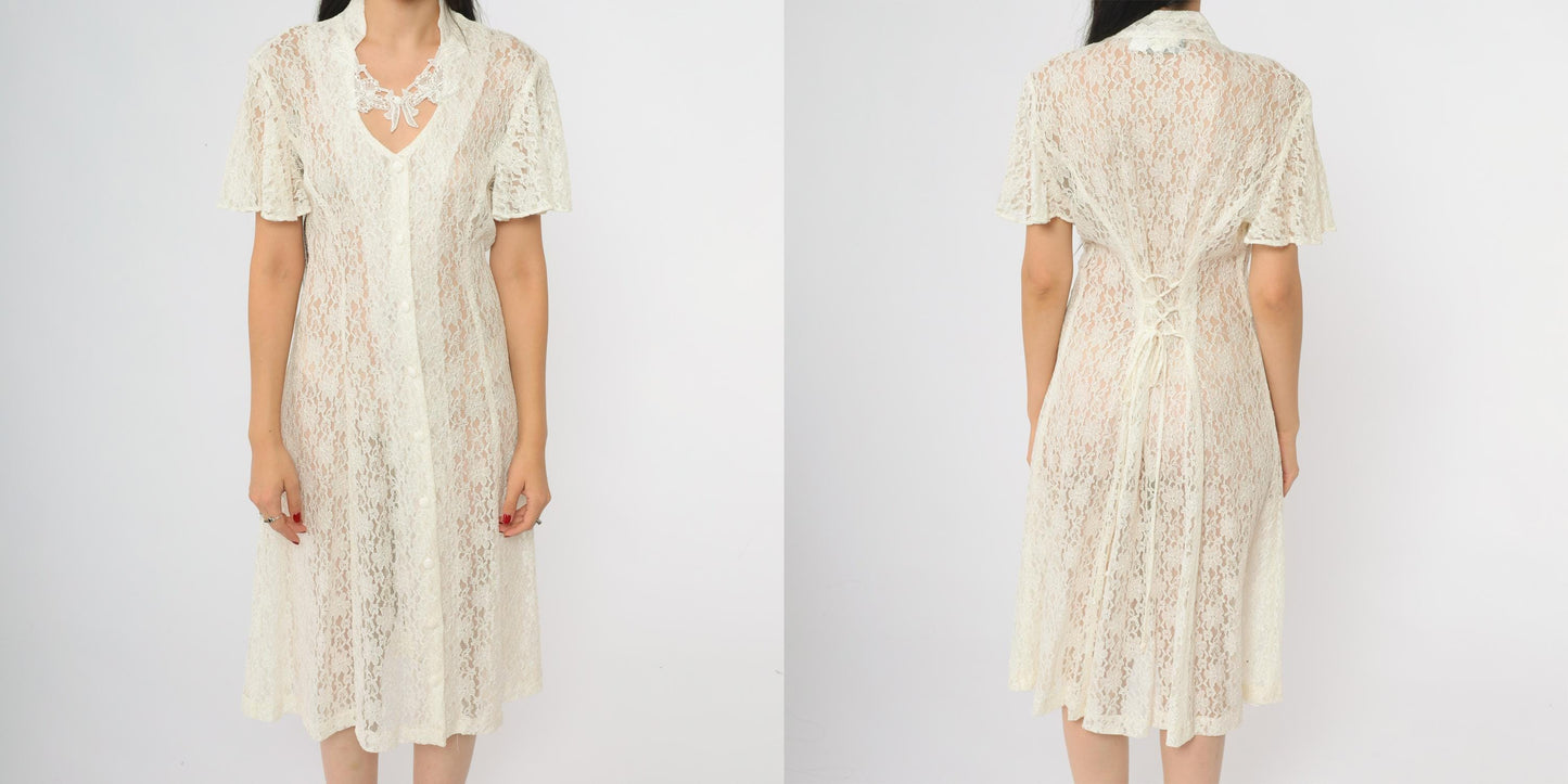 90s Dawn Joy Fashions White Lace Midi Dress V-Neck Bow Floral Medium