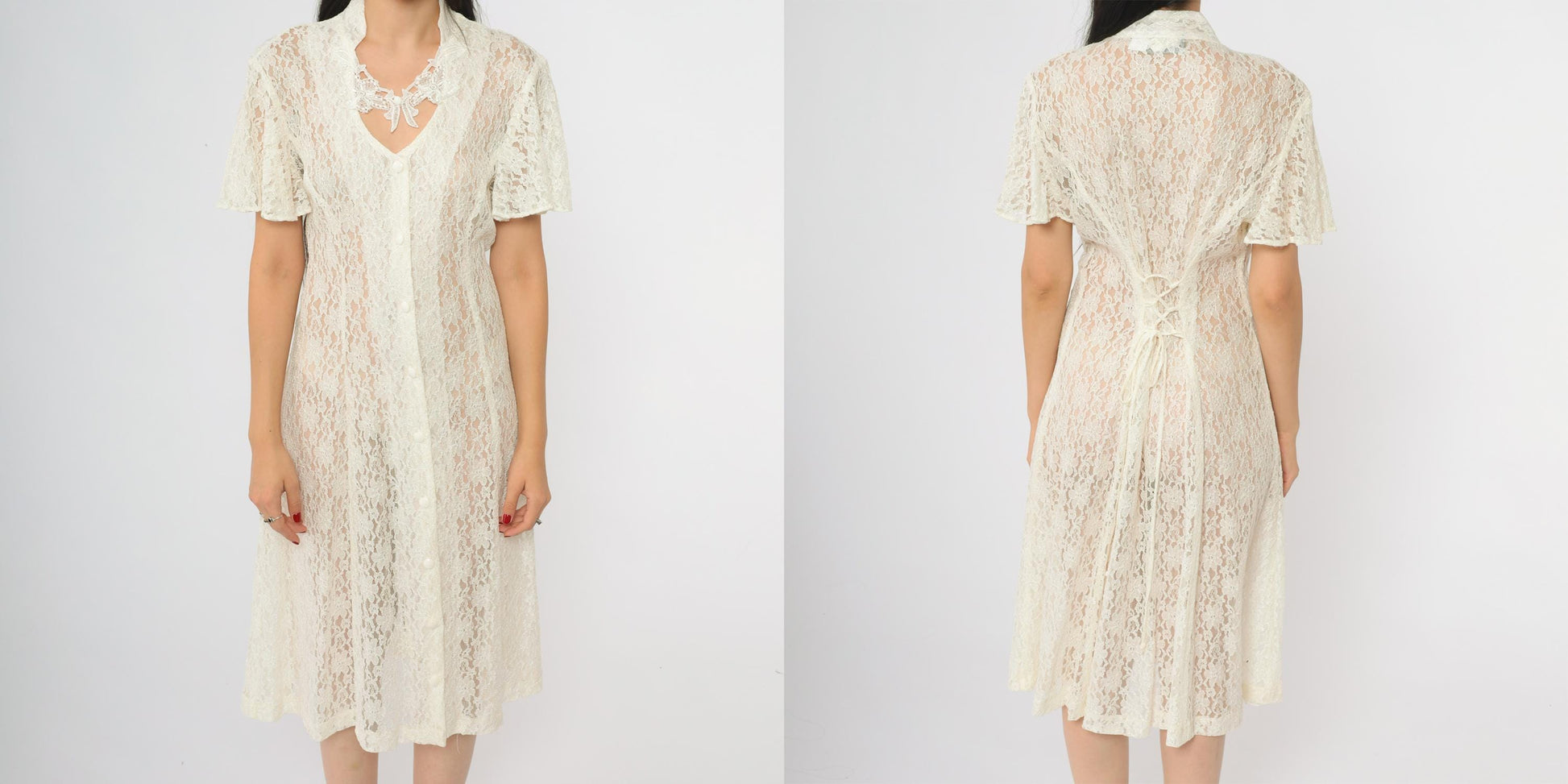 90s Dawn Joy Fashions White Lace Midi Dress V-Neck Bow Floral Medium