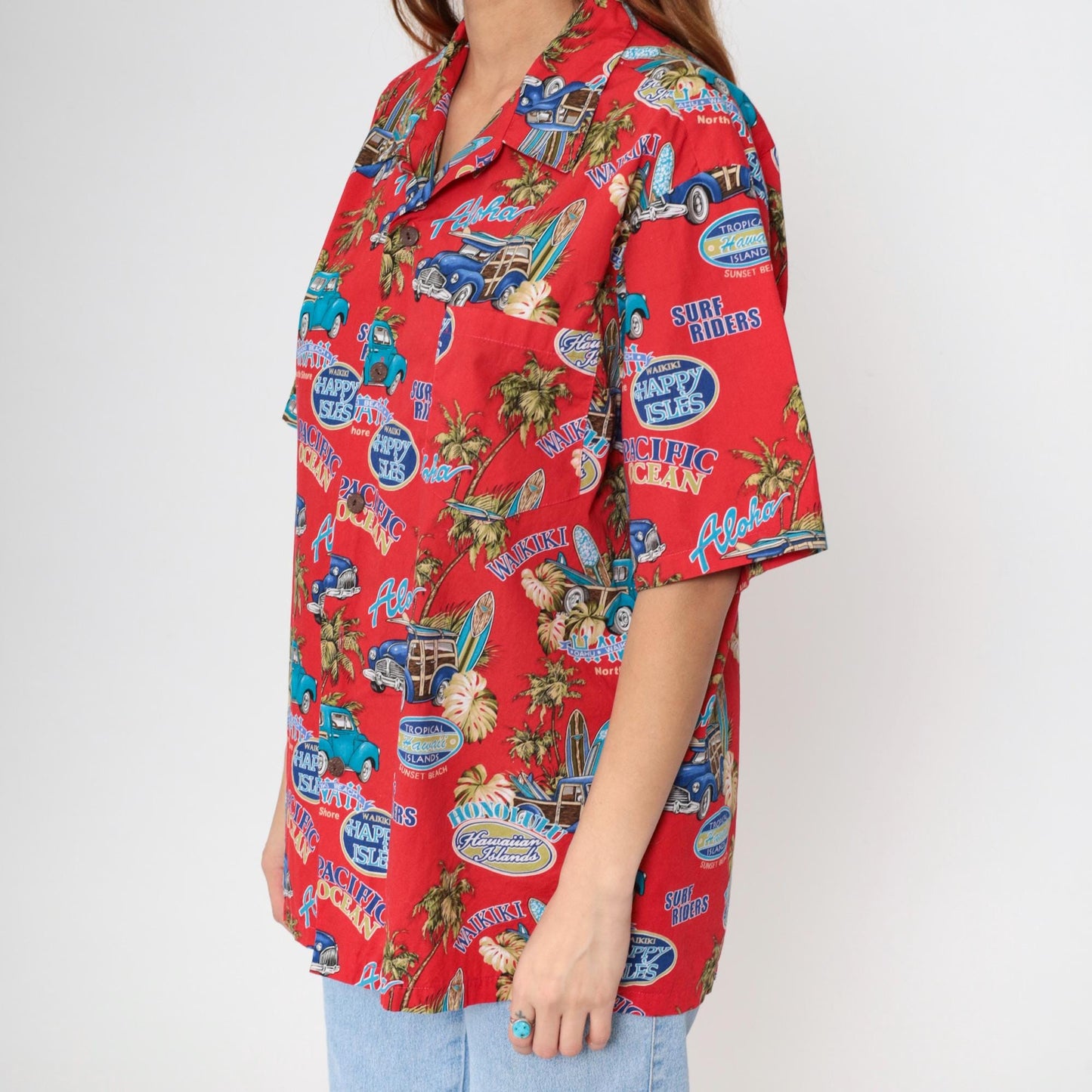 90s Howie Red Hawaiian Shirt Woodie Car Surf Print Aloha Mens Large L