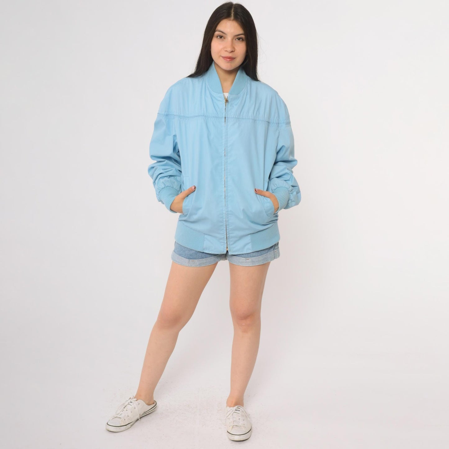 80s Baby Blue Bomber Windbreaker Jacket Light Blue Zip Up Athletic Extra Large XL