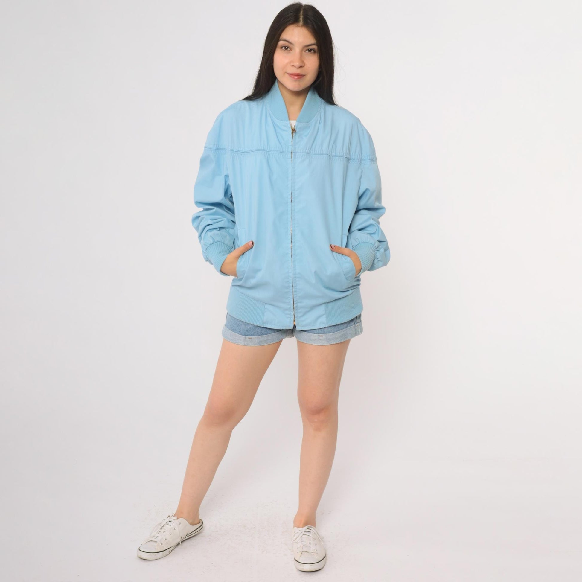 80s Baby Blue Bomber Windbreaker Jacket Light Blue Zip Up Athletic Extra Large XL