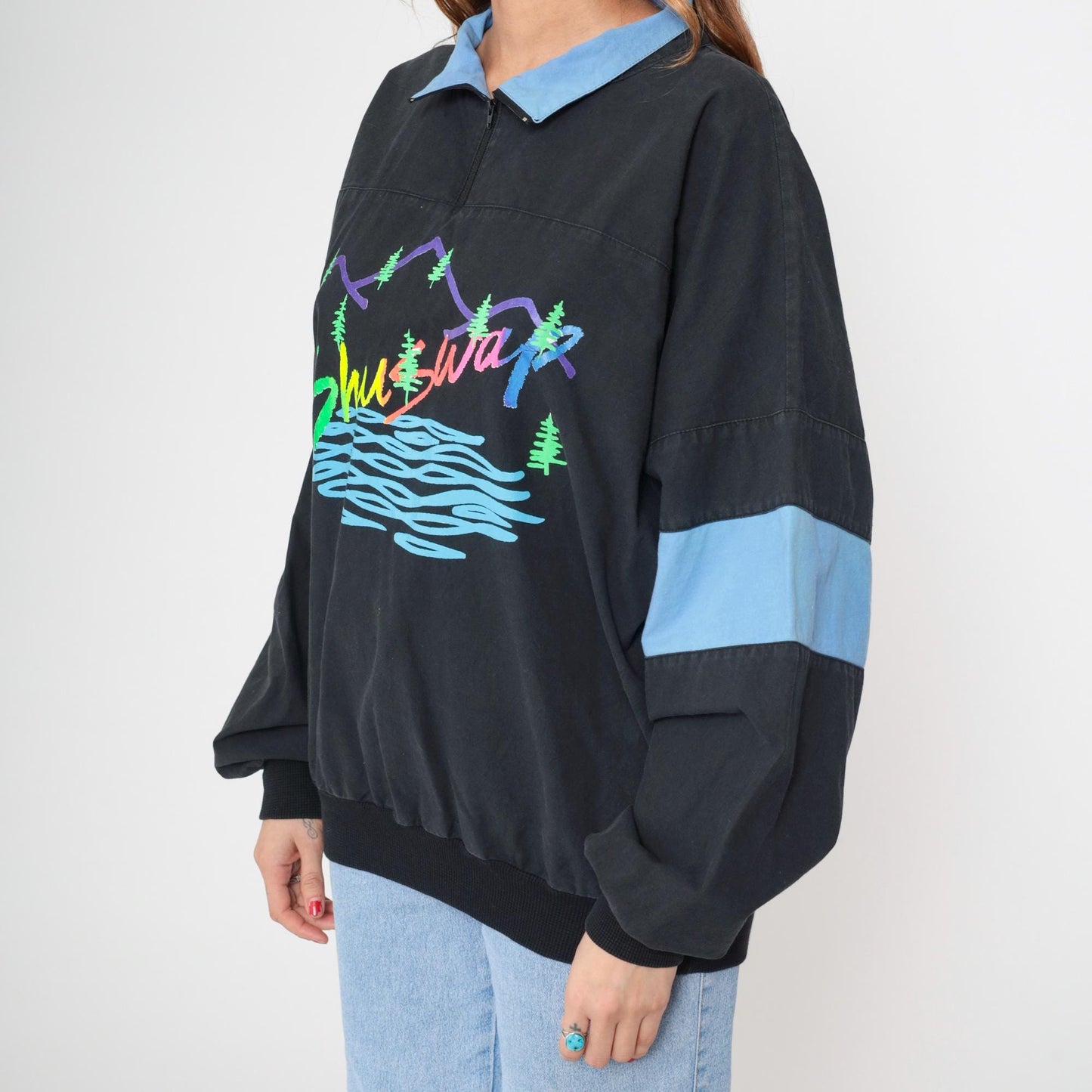 90s Shuswap Mountain Pullover Quarter Zip Black Colorblock Cotton Large