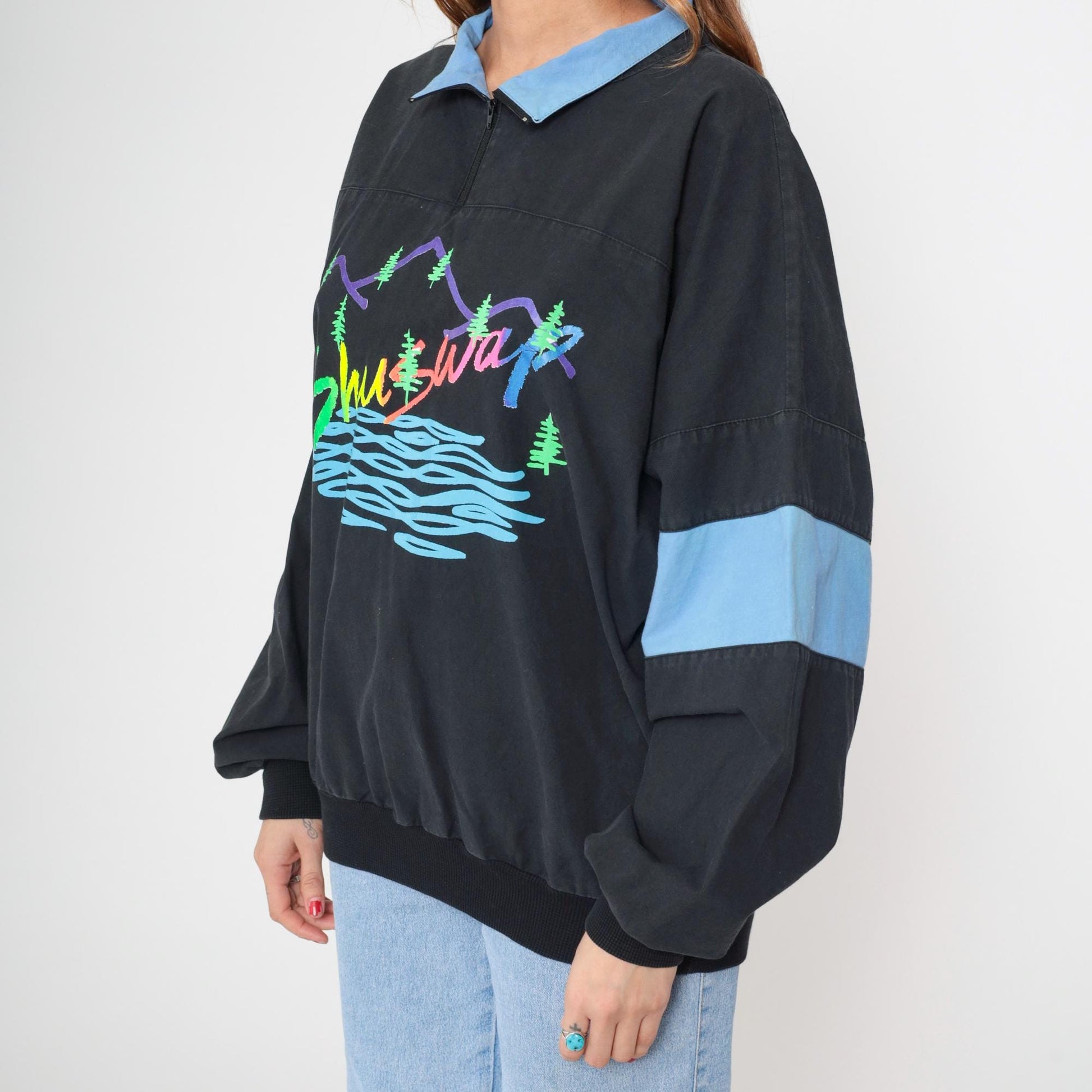 90s Shuswap Mountain Pullover Quarter Zip Black Colorblock Cotton Large