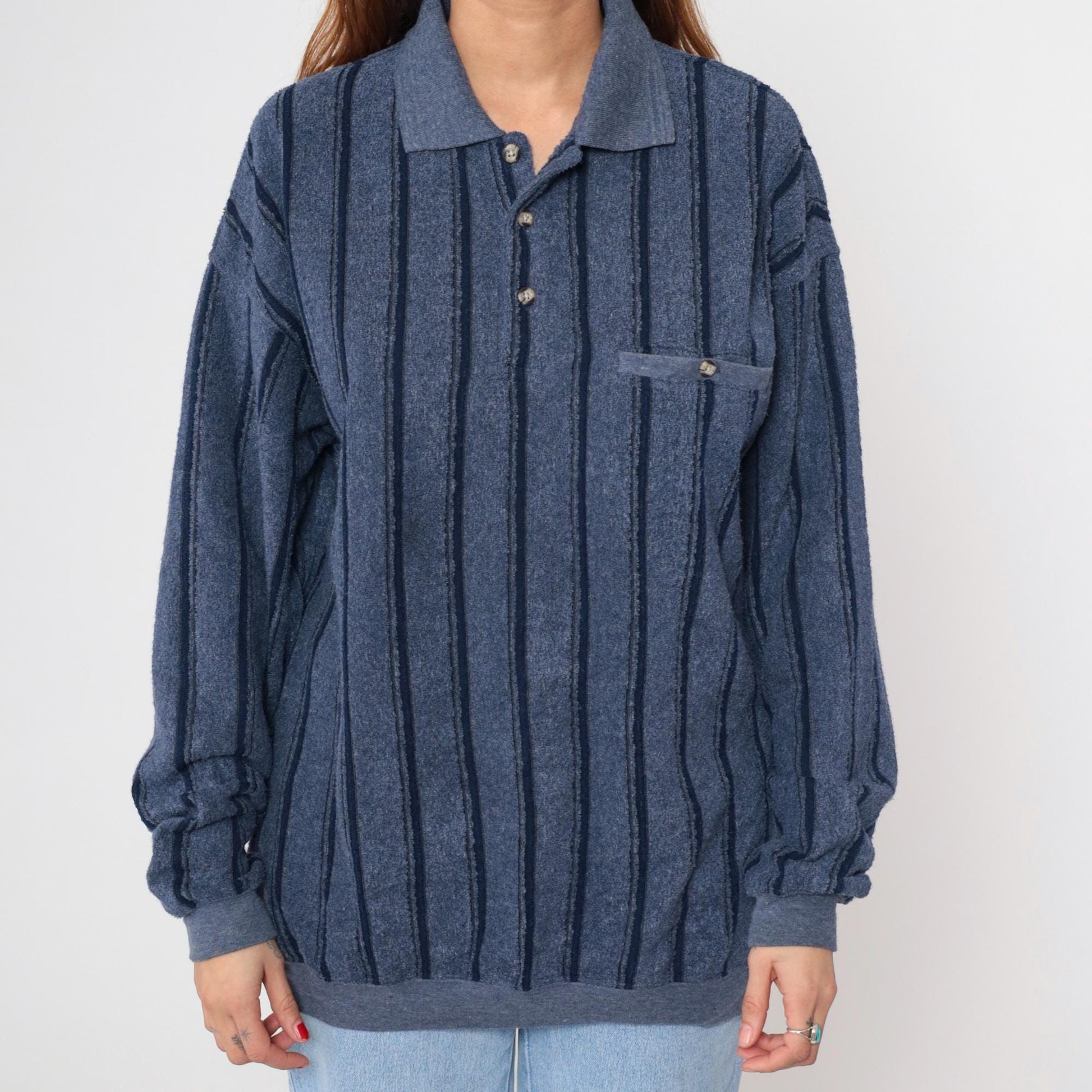 90s Navy Striped Henley Knit Sweater Button-Up Crewneck Large L