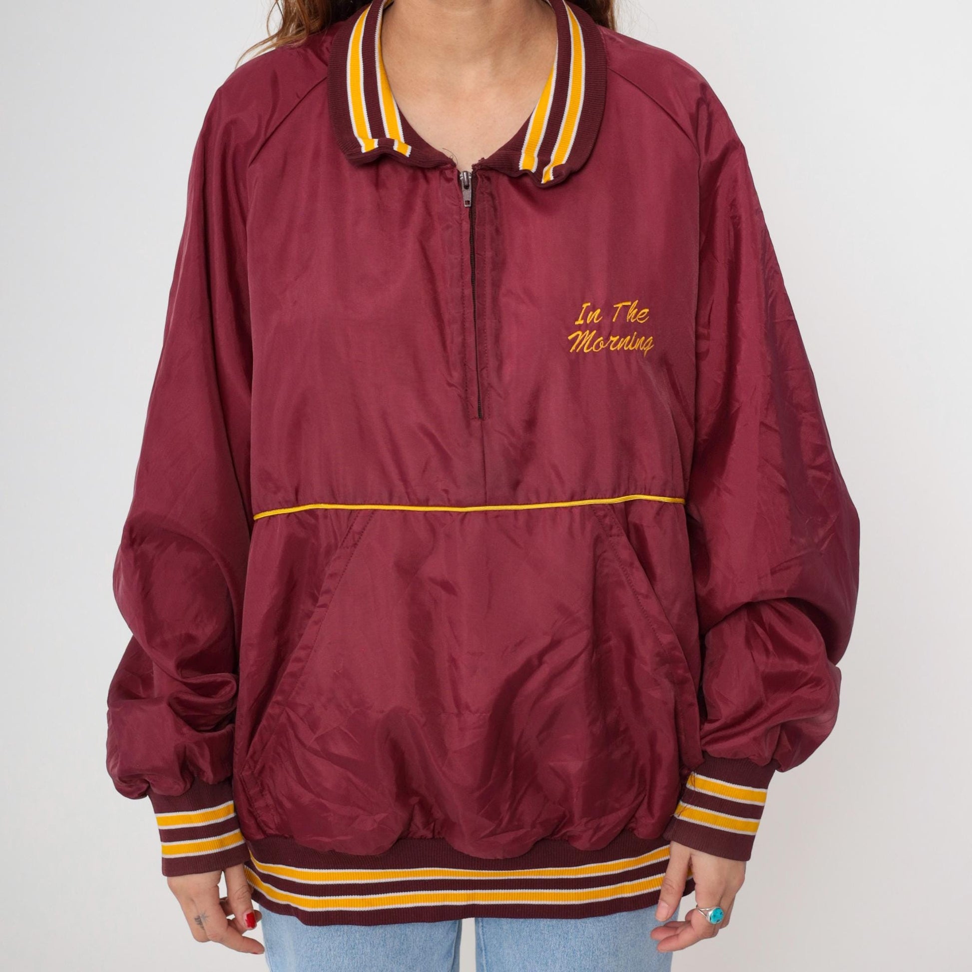 90s HITZ Radio Station Windbreaker Burgundy Yellow Stripe Quarter Zip XXL