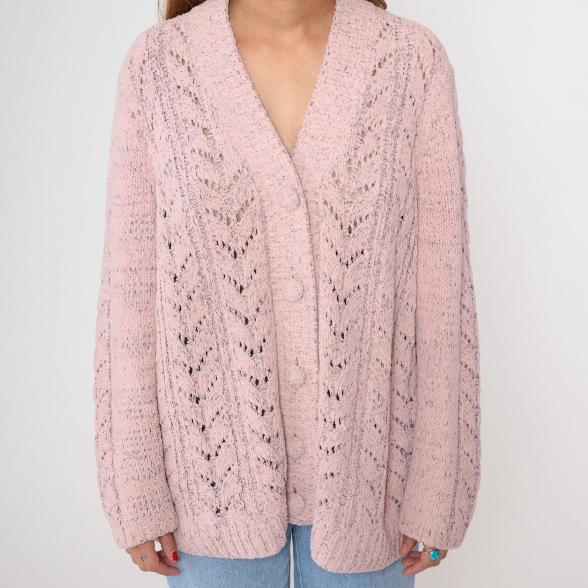 90s Pink Pointelle Cardigan Button-Up V-Neck Knit Plus Size 1X