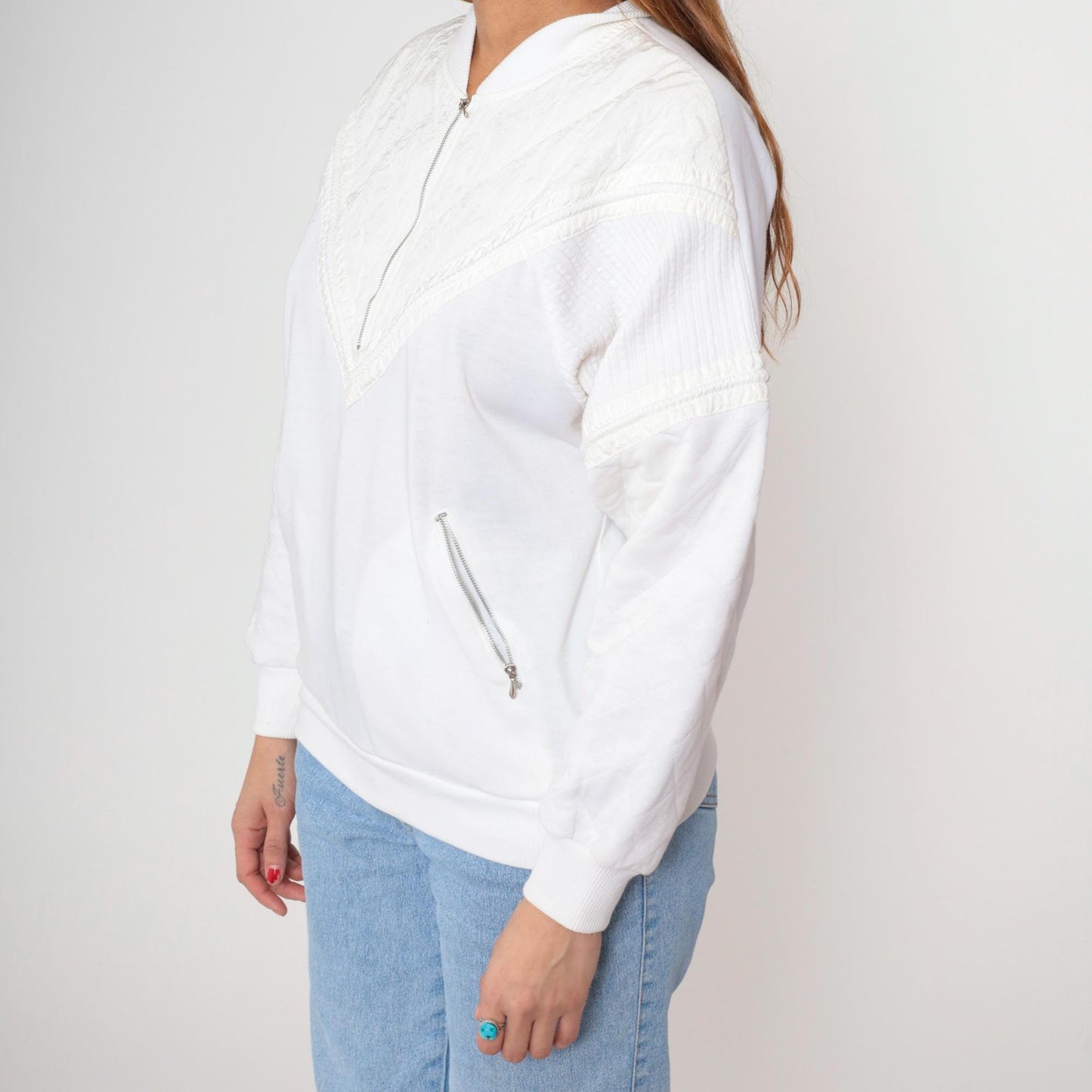80s Marcy n Me White Quilted Zip Jacket Diamond Pattern Medium