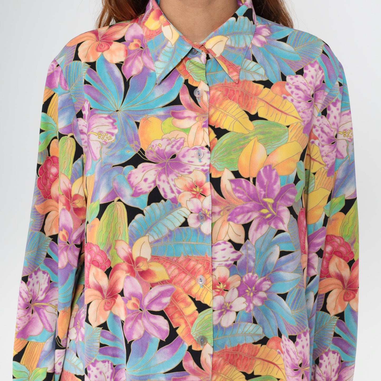 90s Tropical Floral Button Up Blouse Purple Hibiscus Black Rayon Long Sleeve Large