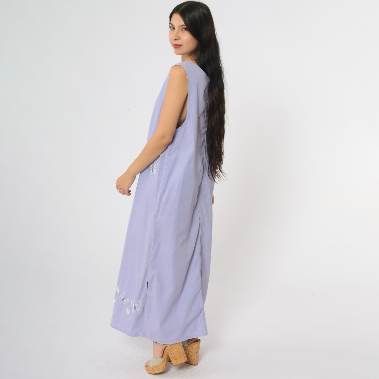 90s Mandal Bay Lavender Maxi Dress Butterfly Embroidery Sleeveless Medium M