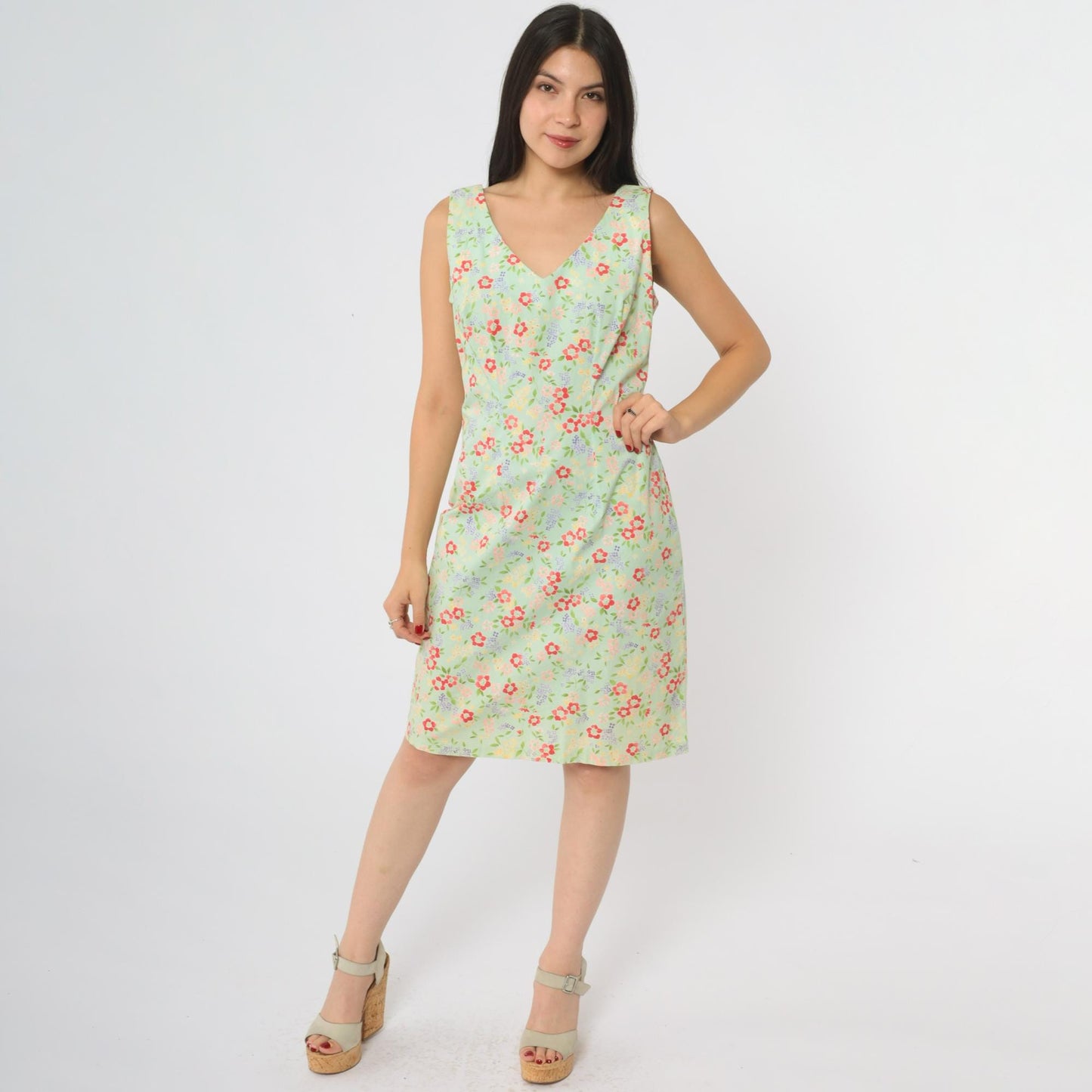 90s CDC Mint Floral Mini Dress Sleeveless V-Neck Small S