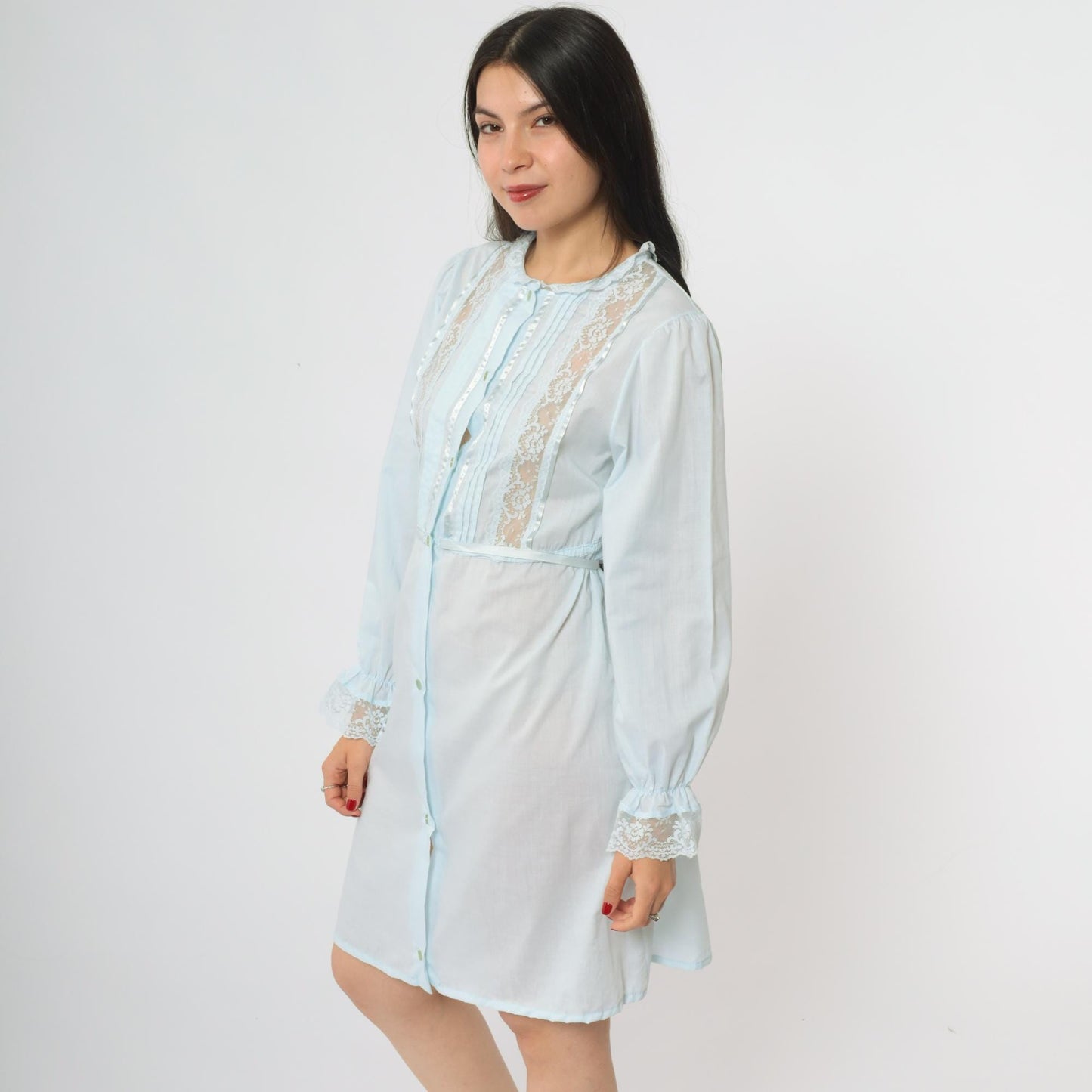 70s Powder Blue Babydoll Dress Lace Trim Puffy Sleeve Empire Waist Medium