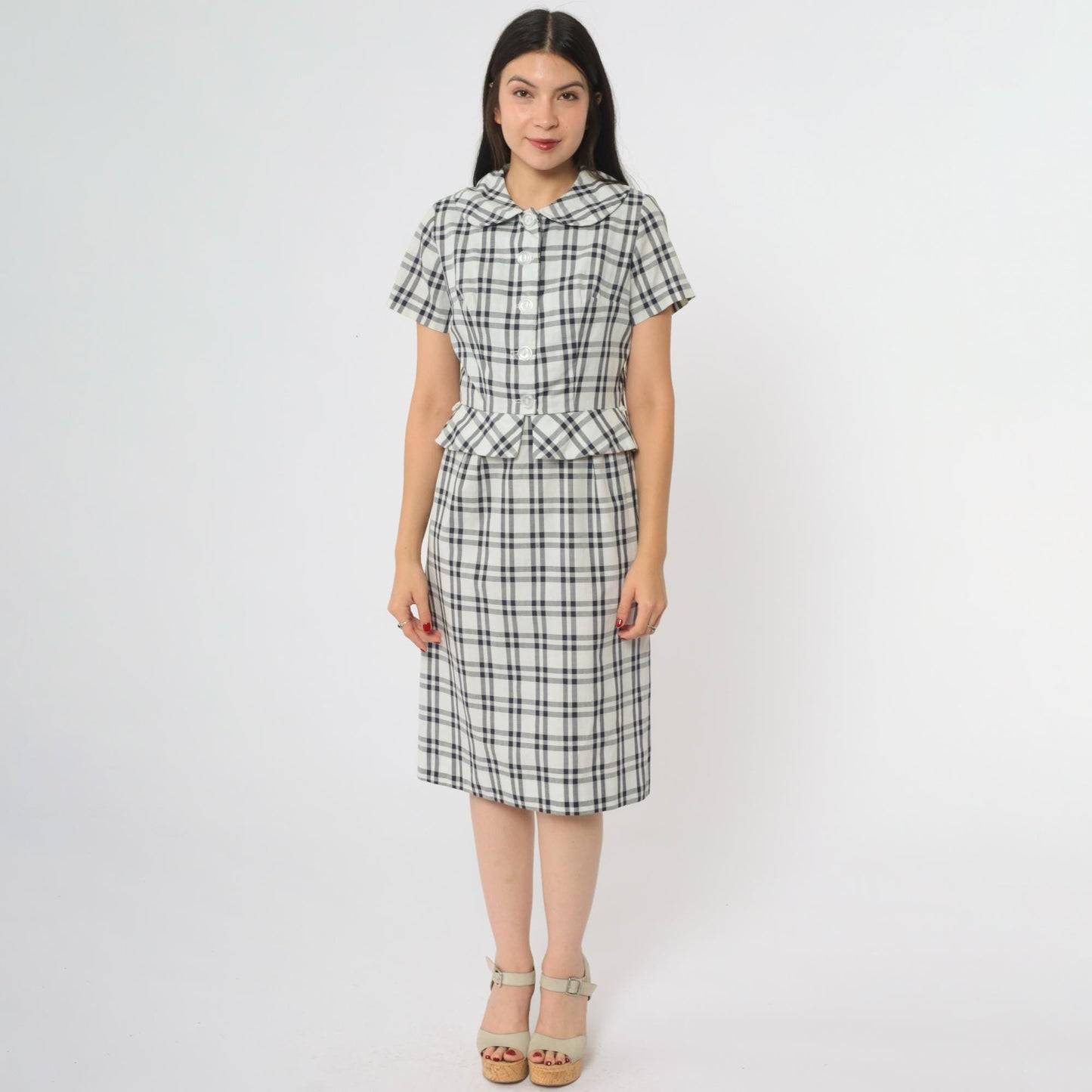 60s Betty Barclay Plaid Two Piece Set Navy White Check Jacket Dress XS
