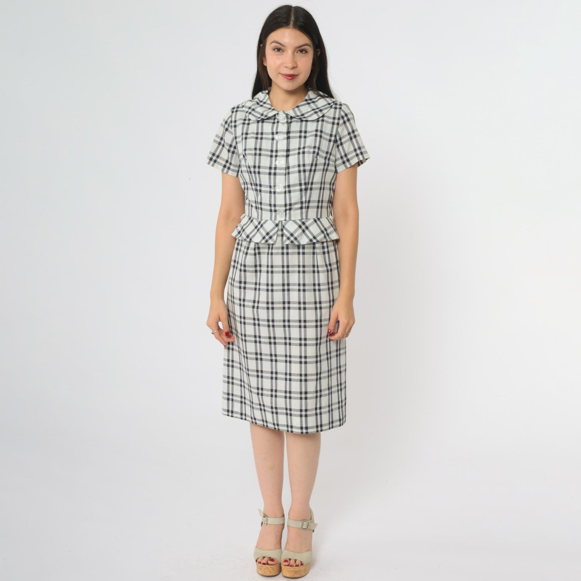 60s Betty Barclay Plaid Two Piece Set Navy White Check Jacket Dress XS