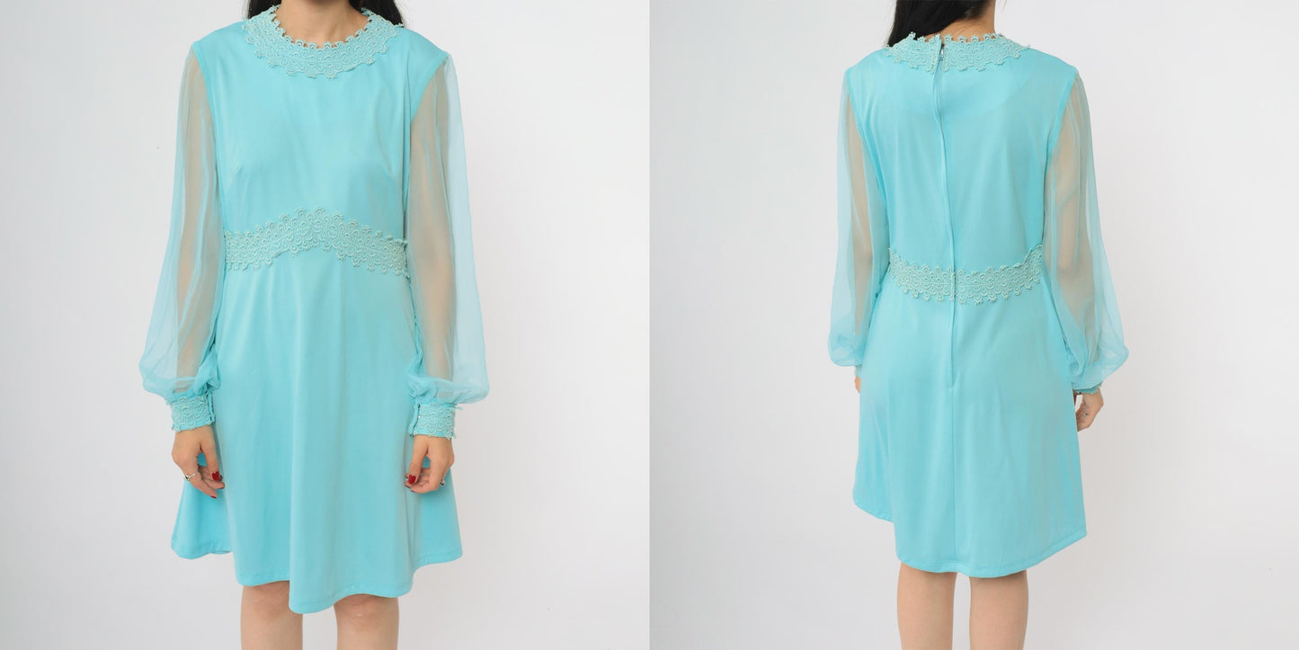 70s Turquoise Mini Dress Empire Waist Lace Trim Long Sheer Sleeves Large L