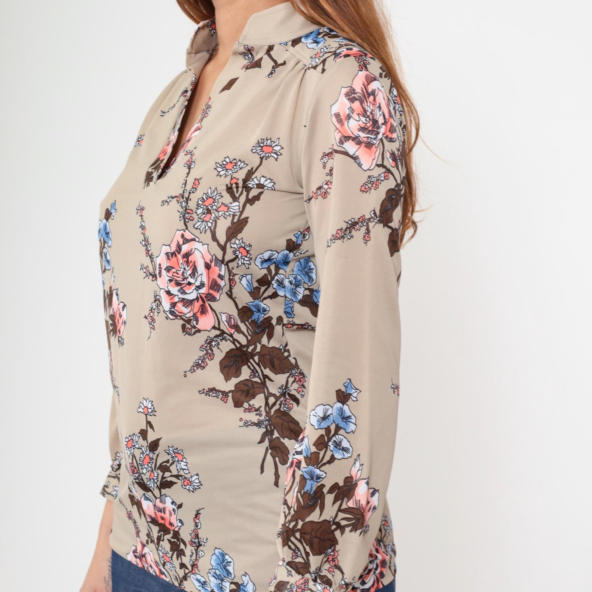 70s Botanical Rose Print Pullover Blouse Long Sleeve Pink Blue Tan Medium M