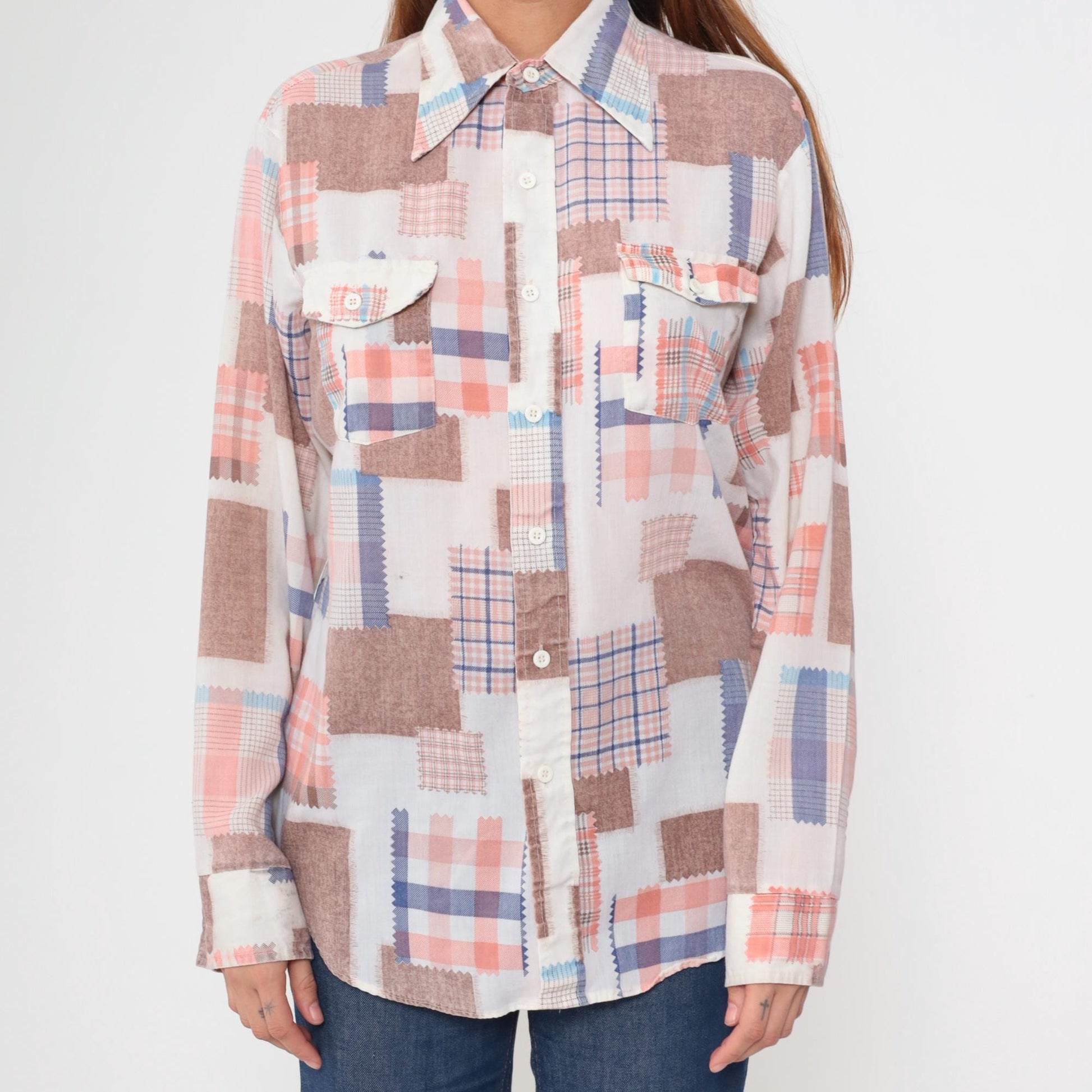 70s Patchwork Button Up Shirt Fabric Swatch Quilt Print Coral Blue Brown Large
