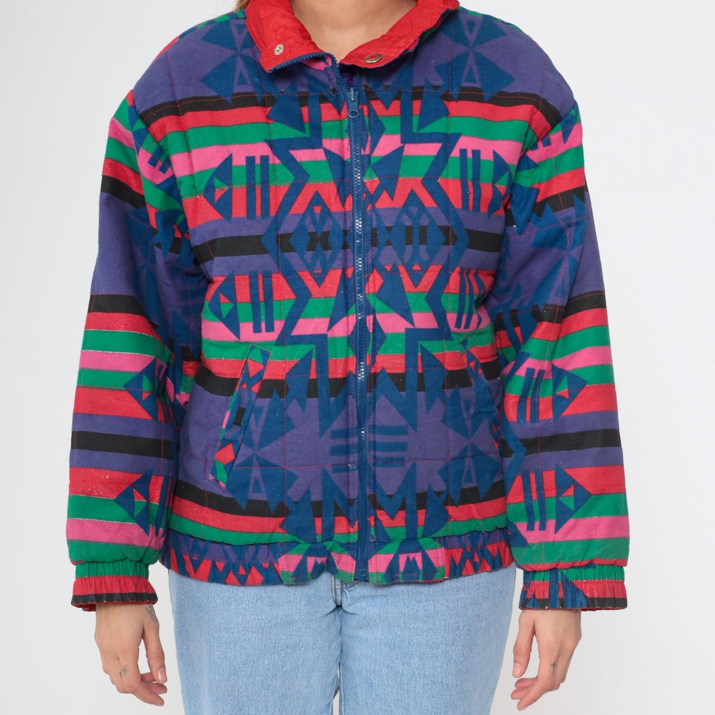 90s Geometric Southwest Reversible Windbreaker Red Blue Purple Small