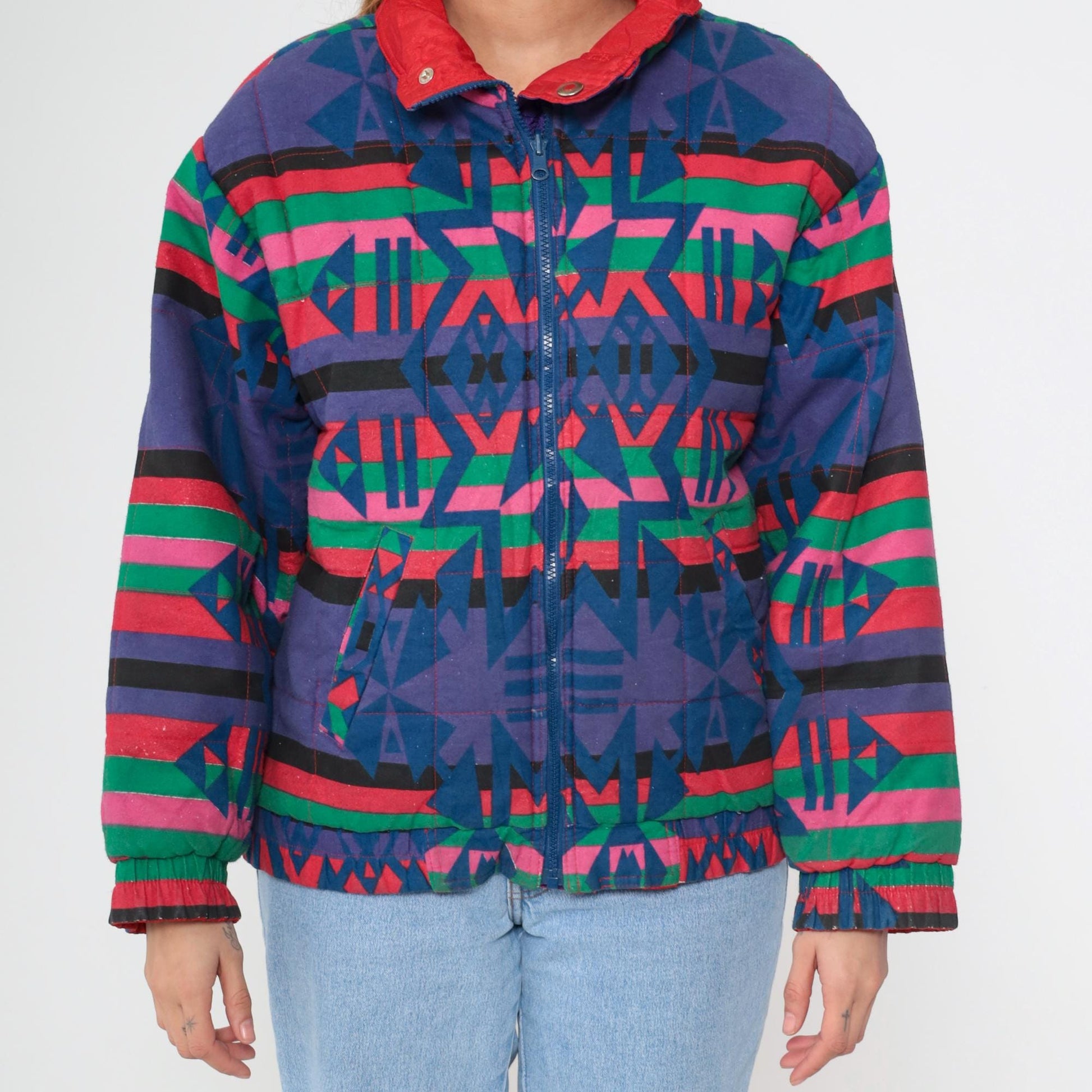 90s Geometric Southwest Reversible Windbreaker Red Blue Purple Small