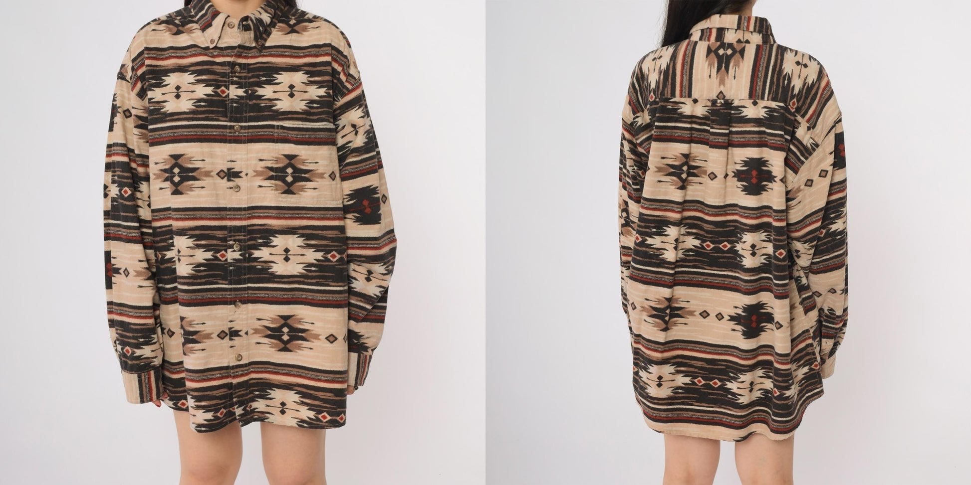 Y2K Woods & Water Southwestern Flannel Shirt Beige Black Red Tribal Button Down Extra Large XL