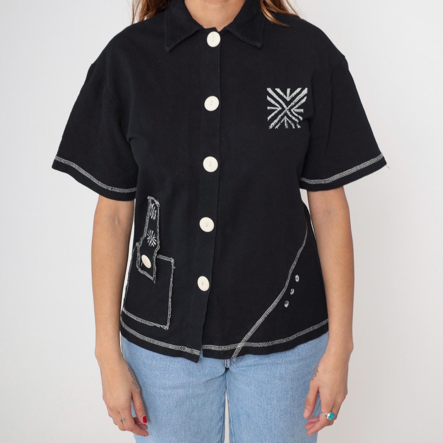 90s On The Rocks Black Button-Up Shirt White Stitching Southwest Geometric Small